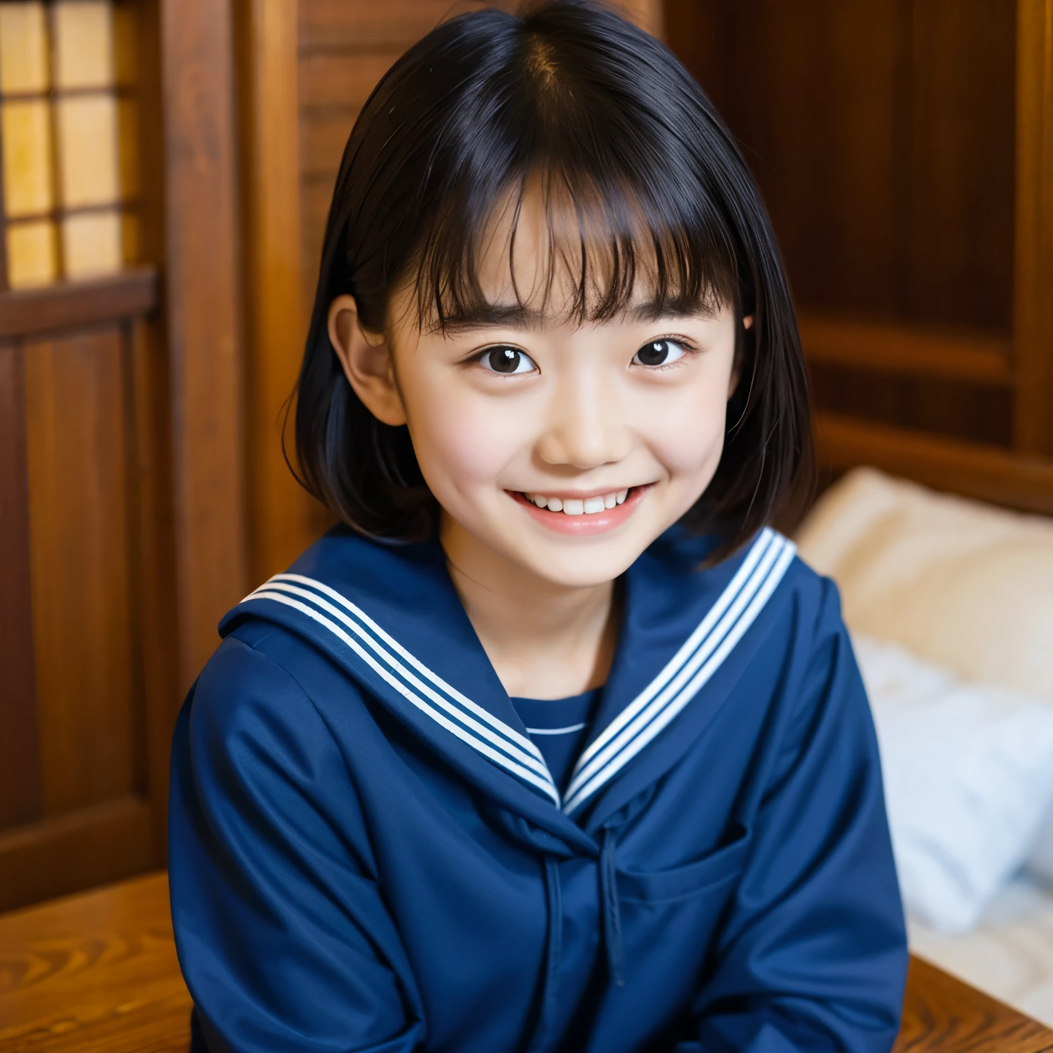 (masterpiece, highest quality:1.2), One girl, alone, Sailor suit, dark blue, Long sleeve, smile, 13 years old