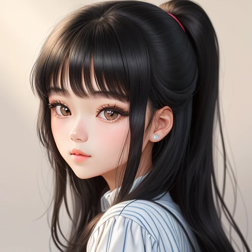 20-year-old girl. Detailed face, Detailed eyes, double eyelid, cute, warm vibes, girl with black hair. 