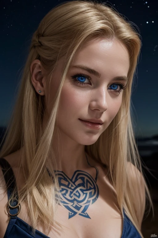 Jeune femme de 25 ans, visage fin, cheveux long, cheveux blonds, yeux bleus, HD, 8K, masterpiece, sourire romantique, sexy, metal lingery, guerrière viking, celtic tattoo, at night, aurore boreale, milky way