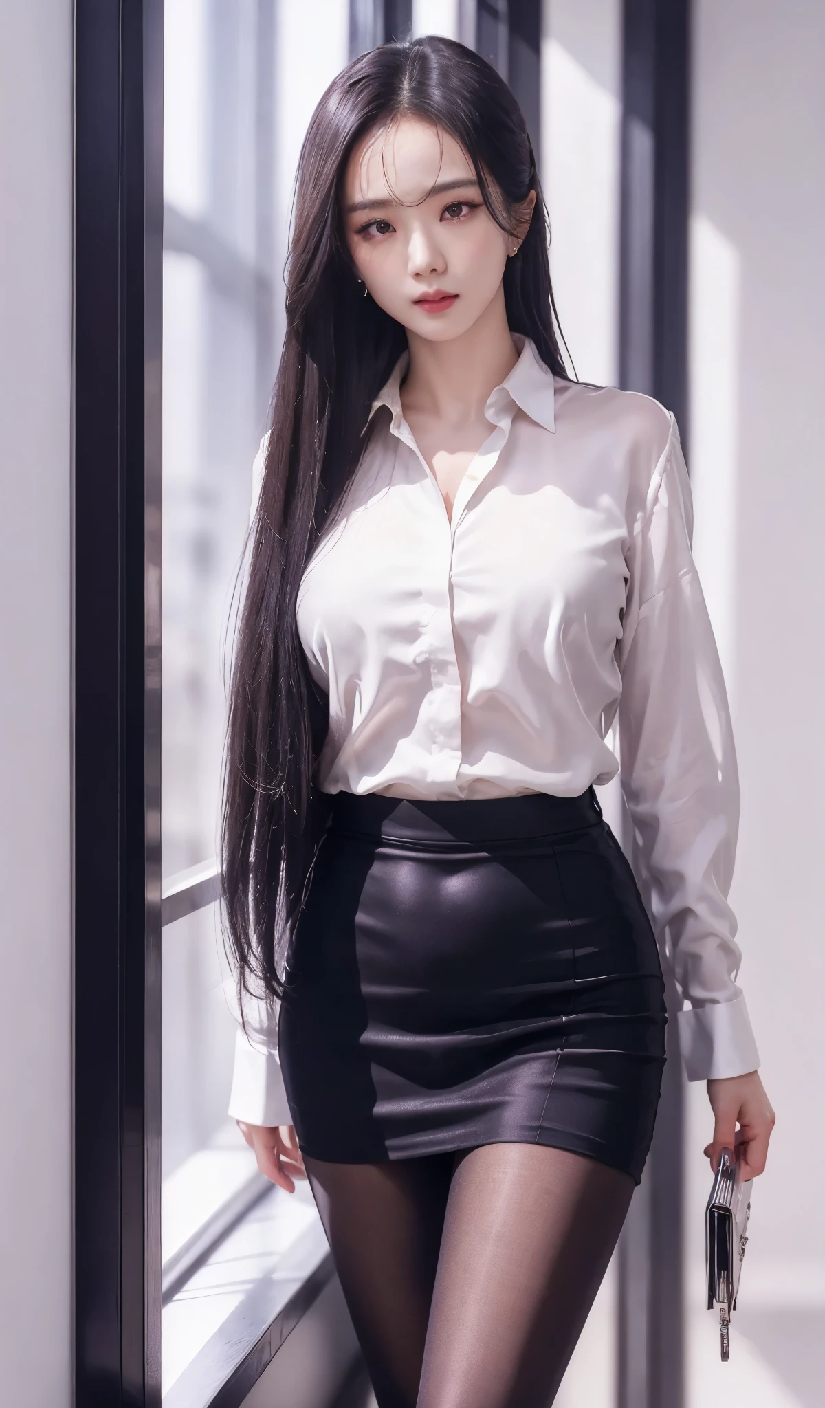 ultra - detailed、tmasterpiece、top-quality、超A high resolution、8K、high-level image quality、Live action、Photogenic clarity、A detailed eye、gradients、perfect anatomy body proportions ,hdd、NFFSW , Nikon Z9 80mm lens 、masutepiece、Beautiful female teacher, Skirts and thighs、20yr old、Take a walk along the hallway、office clothes, Wear a luxurious silk shirt, Young and beautiful girl, perfect body figure, perfect body figure, full pov, Perfect body, (Starting below:1.3), lewd poses,(Wear pantyhose,Realistic pantyhose)、(huge tit:1.0), long sexy legs, (thigh gap:1.5),Wide buttock,Elegant slim beige blouse, Pretty Korean girl, Kpop idol,(Pale skin), (Big eyes),(ssmile:0.8),(Plump sexy lips),Business clothes, Business attire, wearing shirt, Merchant, Flesh-colored silk socks, cream colored blouse, Wear an ultra-thin shirt, silky garment, wearing business casual dress, dressed in a suit, business outfit, formal outfit、super detailing, realistic skin textures, Detal Face, Beautiful detail eyes, Makeup - makeup、Sparkling eyes、shiny lip、high-heels、Semi-body shot、S-shaped body, Upturned buttocks,