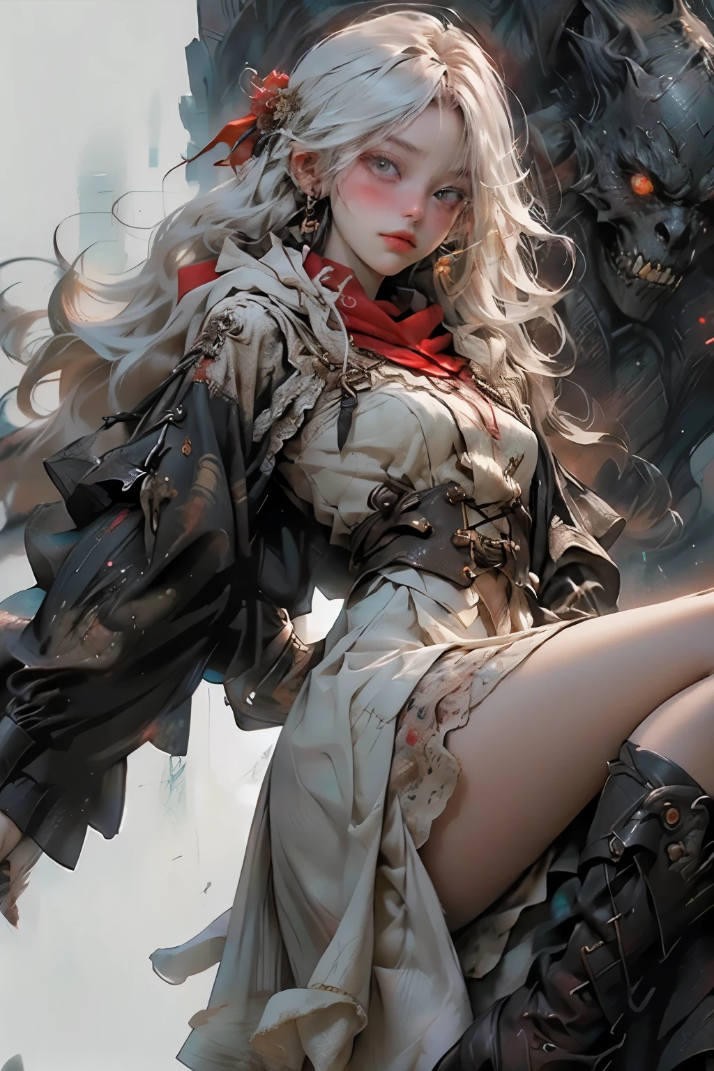 ((best quality)), ((masterpiece)), (detailed), perfect face, ((best quality)), ((masterpiece)), (detailed), perfect face(Golden ratio:1.2),(Fault color:1.3),[(White background:1.4)::10], (full bodyesbian:1.2),(Ultra-detailed:1.3), （white color background）white background, plain background, s girl，White hair，Red glowing eyes, photorealestic,（（（Red and white trench coat））），（Red scarf)，a black pleated skirt，black t-shirts，longer sleeves，（（With a hood）），side-lighting, NSFW, Depicting female characters from ethereal anime in a high-quality anime art style，，，8K，Red and white shoes with a sense of technology，(chaotic geometric images:1.3),(nagative space:0.8), (ether colorful ink flowing:1.3), a knight, white background, plain background, Bloodborne inspired, tatty Bloodborne attire, occult aesthetic, occult, tatty red and white clothing detailed and intricate steampunk and detailed gothic loliwith a hood), long coat, Complex laced boots, Fluttering lace flared long knee length dress with frilly petticoats, long dress, knee length dress, pleated petticoats, lolita d, petticoats gothic lolita, beaul small breasts, (((( Highly detailed face))), small thin nose, Small thin lips mouth, (((Very sharp focused eyes))), Very large slit precision pale grey eyes that shine like jewels. very long eyelashes, Silver hair swaying in the wind,  white background, Very dramatic and cinematic lighting, tatty damaged old red and white clothing, full body, whole body, body, cosmic horror, grim dark