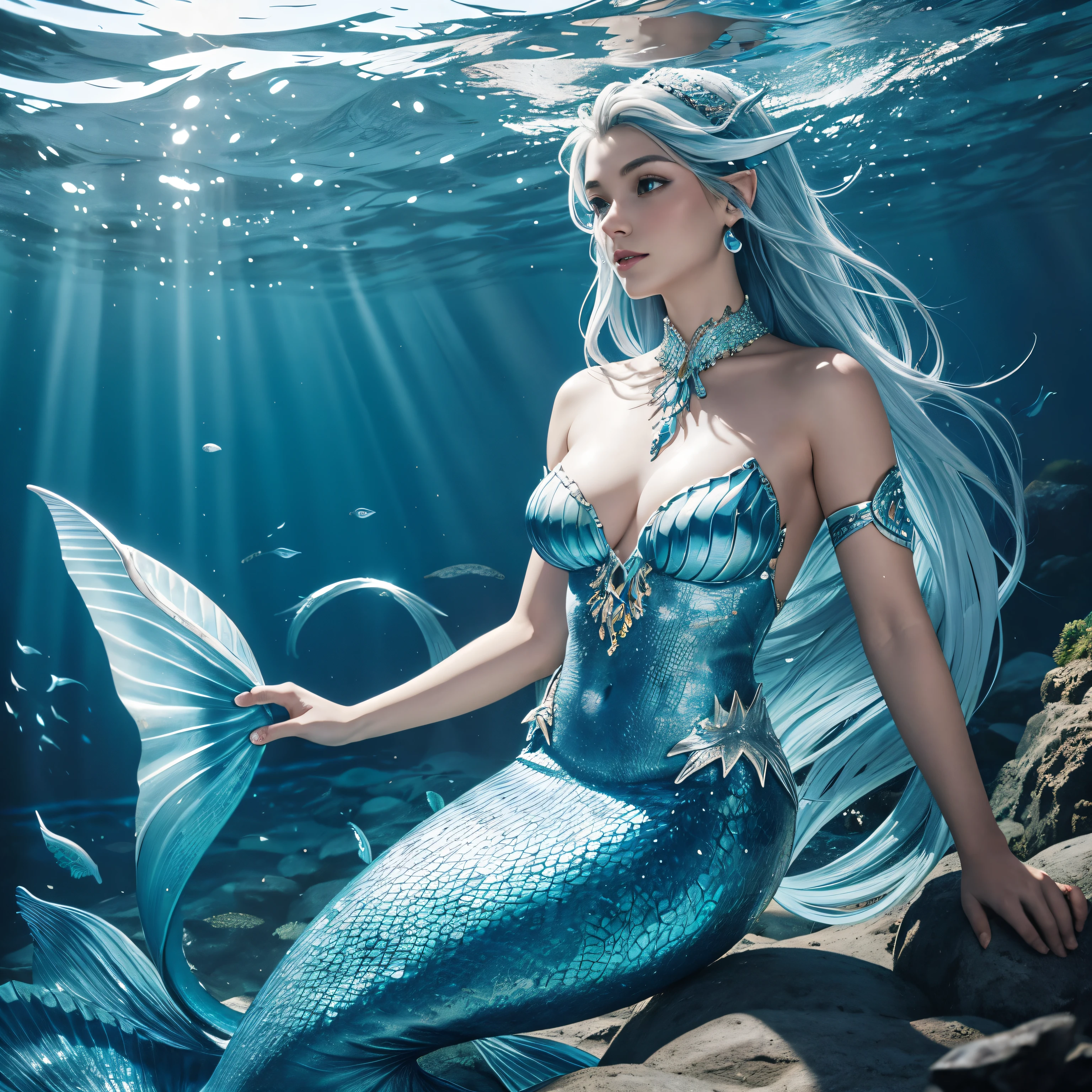 Mermaid swimming in the sea, Blue scales, Fine scales from the neck down, Silver hair, Fitted arm sleeves, Earlobes are fins, Expansion of the caudal fin