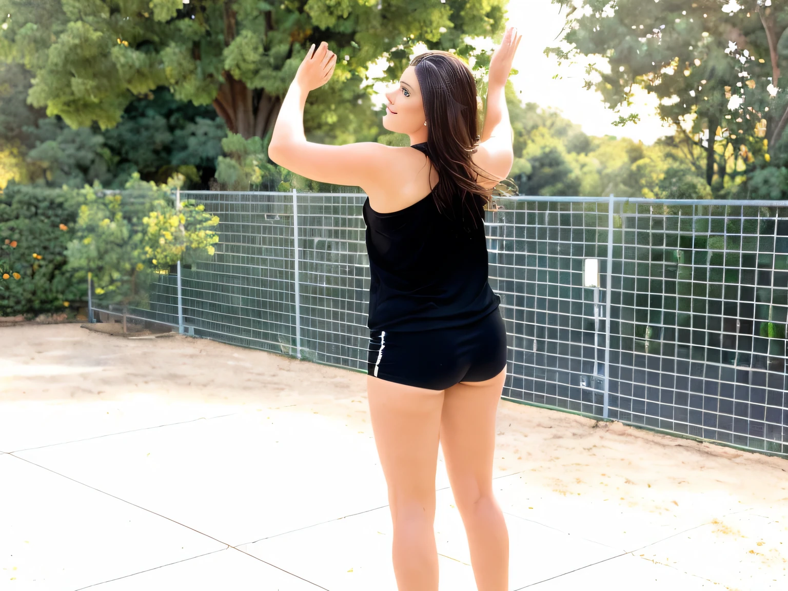 There is a woman standing on a court, photo from the back, in full back growth, jumping with her arms up, long shot from the back, from the outside, in full back growth, playing volleyball, photo at shoulder height , with arms up, medium photo taken from behind, photo from behind, pose from the back, rear view, general photo from behind.
A beautiful Brazilian woman, with white skin, dark brown hair. She is around 40 years old, 162 cm tall and weighs 56 kg. Her body exudes glamor and her face is a definition of beauty. Slender body, thin waist. Highly realistic, hyperrealism, very elaborate skin, high quality photo. Sharp Photo, High Resolution, High Quality, Masterpiece, 16K Photo, Sharp Photo, High Contrast, Masterpiece, (Photographically Realistic), NUDE, NUDITY, NFSW.