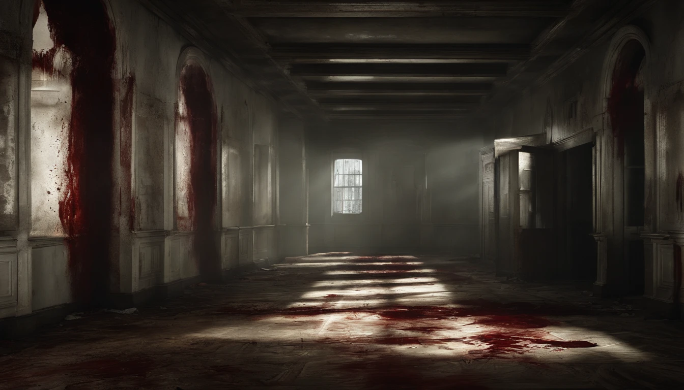 A highly realistic and 3D-rendered image of the interior of a building infested with zombies, capturing an utterly gore-filled, haunting, dark, and terrifying atmosphere. The image should be somber and extremely frightening, featuring gore and slasher elements with copious amounts of dripping blood. The scene must incorporate eerie and horrifying characteristics, with vibrant and striking colors in vivid and sharp tones. Shadows in the background should hint at total horror and chaos. The focus should be on numerous rotten zombies devouring the building's inhabitants, showcasing an obscured and terrifying environment with penetrating, hollow eyes. Additionally, imagine a large, terrifying zombie face with skin completely torn and shredded, in an advanced state of decay. The zombie should have large, threatening white eyes with red accents, set against a dark, apocalyptic, and macabre background. This image needs to be extremely realistic and rendered in 3D.