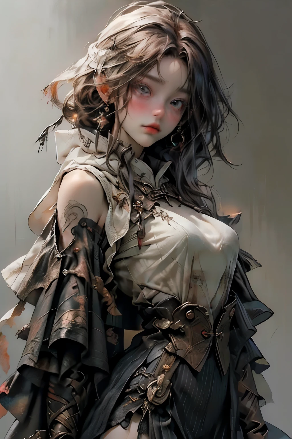 ((best quality)), ((masterpiece)), (detailed), perfect face, ((best quality)), ((masterpiece)), (detailed), perfect face(Golden ratio:1.2),(Fault color:1.3),[(White background:1.4)::10], (full bodyesbian:1.2),(Ultra-detailed:1.3), （white color background）white background, plain background, teens girl，White hair，Red glowing eyes, photorealestic,（（（Red and white trench coat））），（Red scarf)，a black pleated skirt，black t-shirts，longer sleeves，（（With a hood）），side-lighting, NSFW, Depicting female characters from ethereal anime in a high-quality anime art style，，，8K，Red and white shoes with a sense of technology，(chaotic geometric images:1.3),(nagative space:0.8), (ether colorful ink flowing:1.3), a knight, white background, plain background, Bloodborne inspired, tatty Bloodborne attire, occult aesthetic, occult, tatty red and white clothing detailed and intricate steampunk and detailed gothic lolita (with a hood), long coat, Complex laced boots, Fluttering lace flared long knee length dress with frilly petticoats, long dress, knee length dress, pleated petticoats, lolita dress, petticoats gothic lolita, beautiful small breasts, (((( Highly detailed face))), small thin nose, Small thin lips mouth, (((Very sharp focused eyes))), Very large slit precision pale grey eyes that shine like jewels. very long eyelashes, Silver hair swaying in the wind,  white background, Very dramatic and cinematic lighting, tatty damaged old red and white clothing, full body, whole body, body, cosmic horror, grim dark