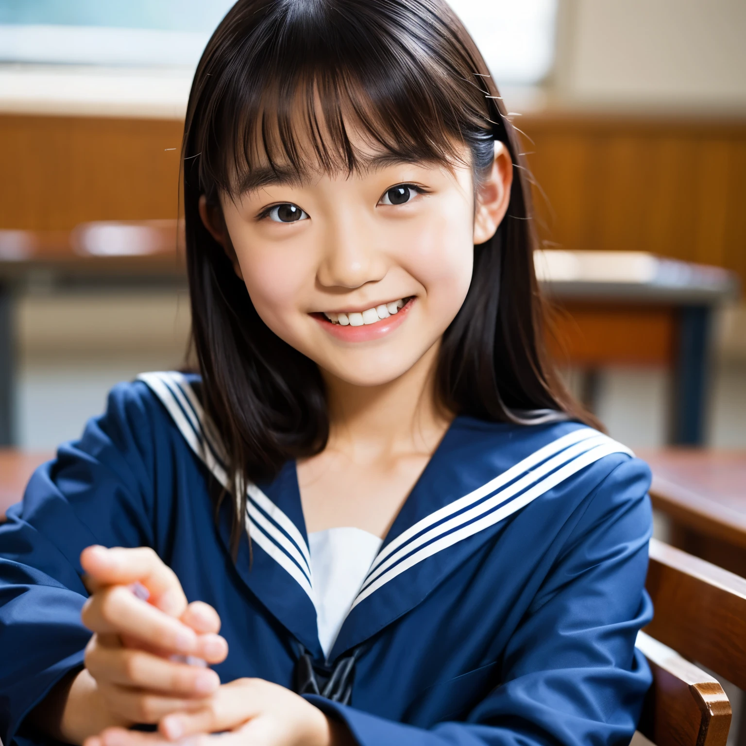 lens: 135mm f1.8, (highest quality),(RAW Photos), (Tabletop:1.1), (Beautiful 12 year old Japanese girl), Cute Face, (Deeply chiseled face:0.7), (freckles:0.4), dappled Nikko, Dramatic lighting, Navy blue sailor suit, (In the classroom), shy, (Close-up shot:1.2), smile