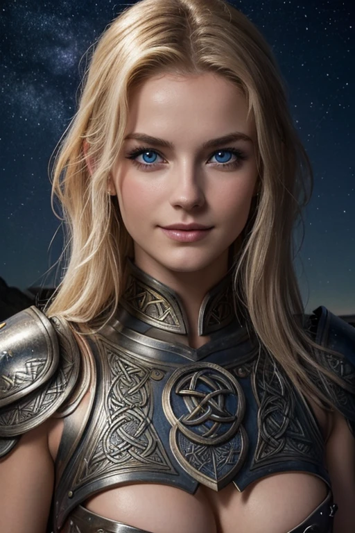 Jeune femme de 25 ans, visage fin, cheveux long, cheveux blonds, yeux bleus, HD, 8K, masterpiece, sourire romantique, sexy, metal lingery, celtic design chest armor, guerrière viking, celtic tattoo, at night, aurore boreale, milky way
