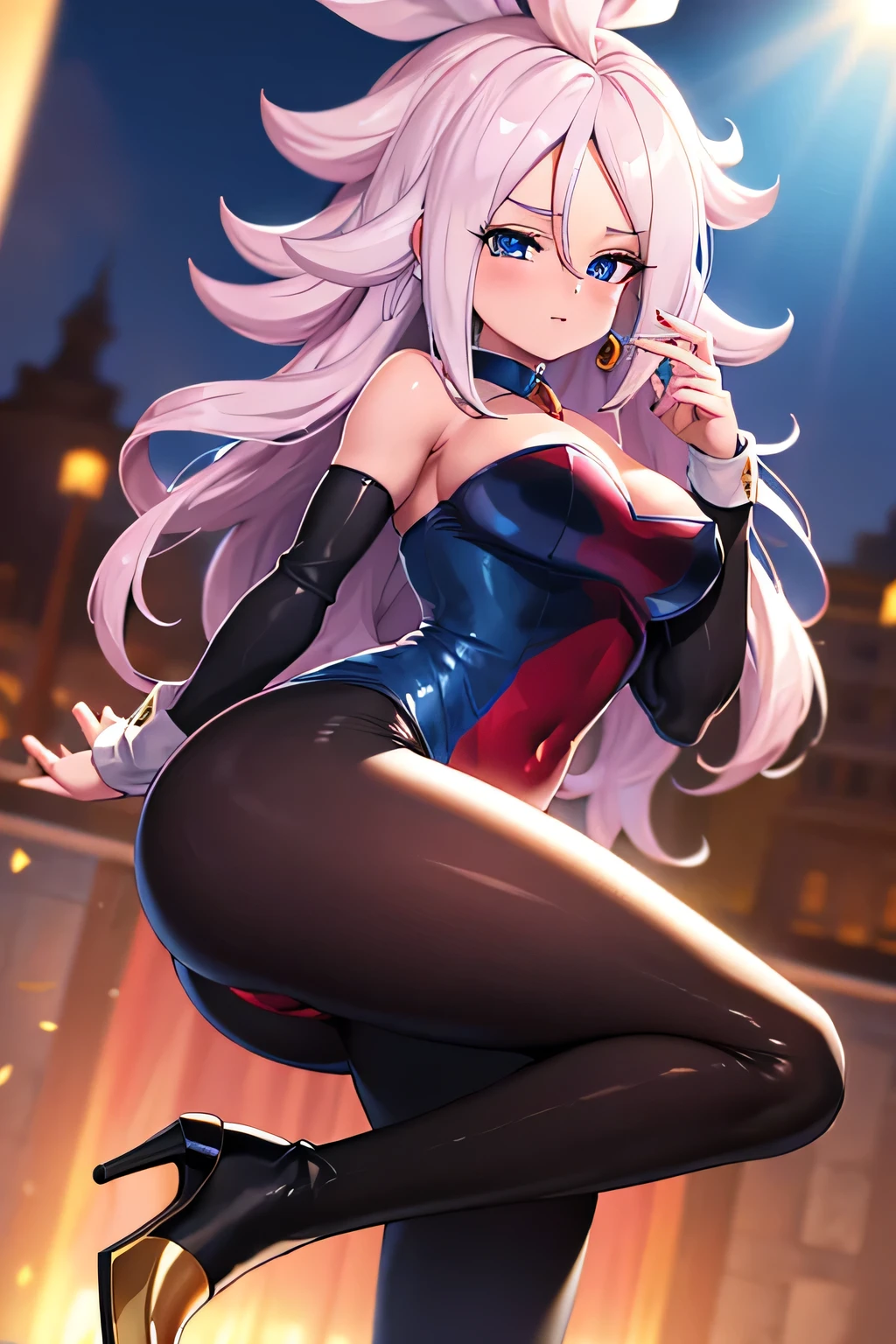 masterpiece, 8k, belleza, 1girl, android21, high heels, bunny suit, pantyhose, by the chestnut, anteojos