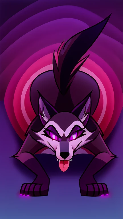 (masterpiece, best quality:1.2), Vortex hellhound, wolf, furry, helluva boss, naked, marching on all fours, helluva boss, tongue out, hypnotized with completely spyral glowing purple eyes with no irises or pupils