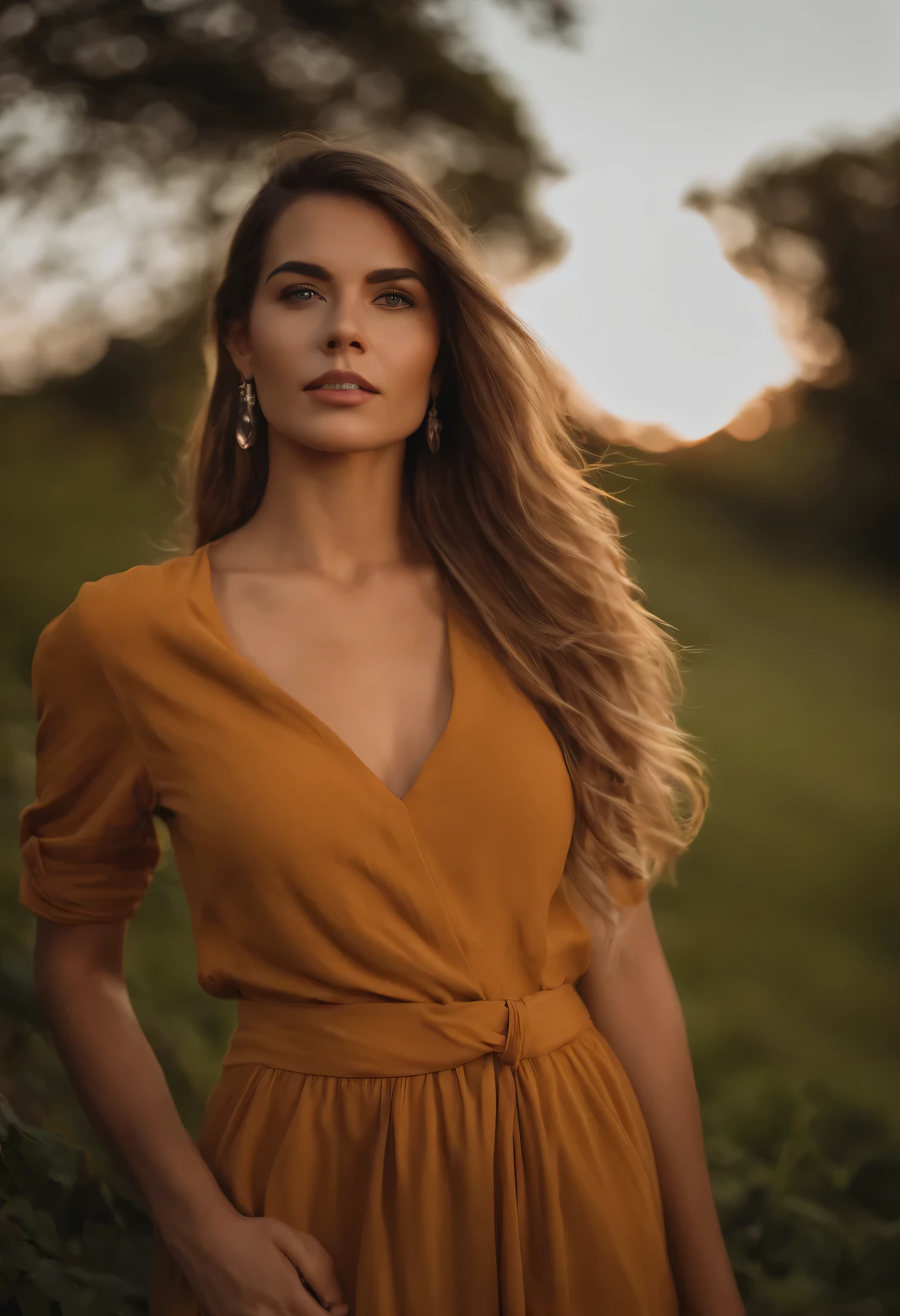 Profissional, (Foto 4K:1.1)  (sharp focus:1.3), high level of detail, Carregando (camisa apertada:1.2), Rosto bonito e detalhado, An attractive woman with long dark blond hair looks at the camera, Panasonic Lumix S Pro 50mm F/1.4, , fotorrealista, (Mulher jovem atraente:1.3), (sedutor:1.1), (rubor:1.1), Forma do corpo da ampulheta, grandes seios naturais, T-top with back to the camera,  saltando no ar