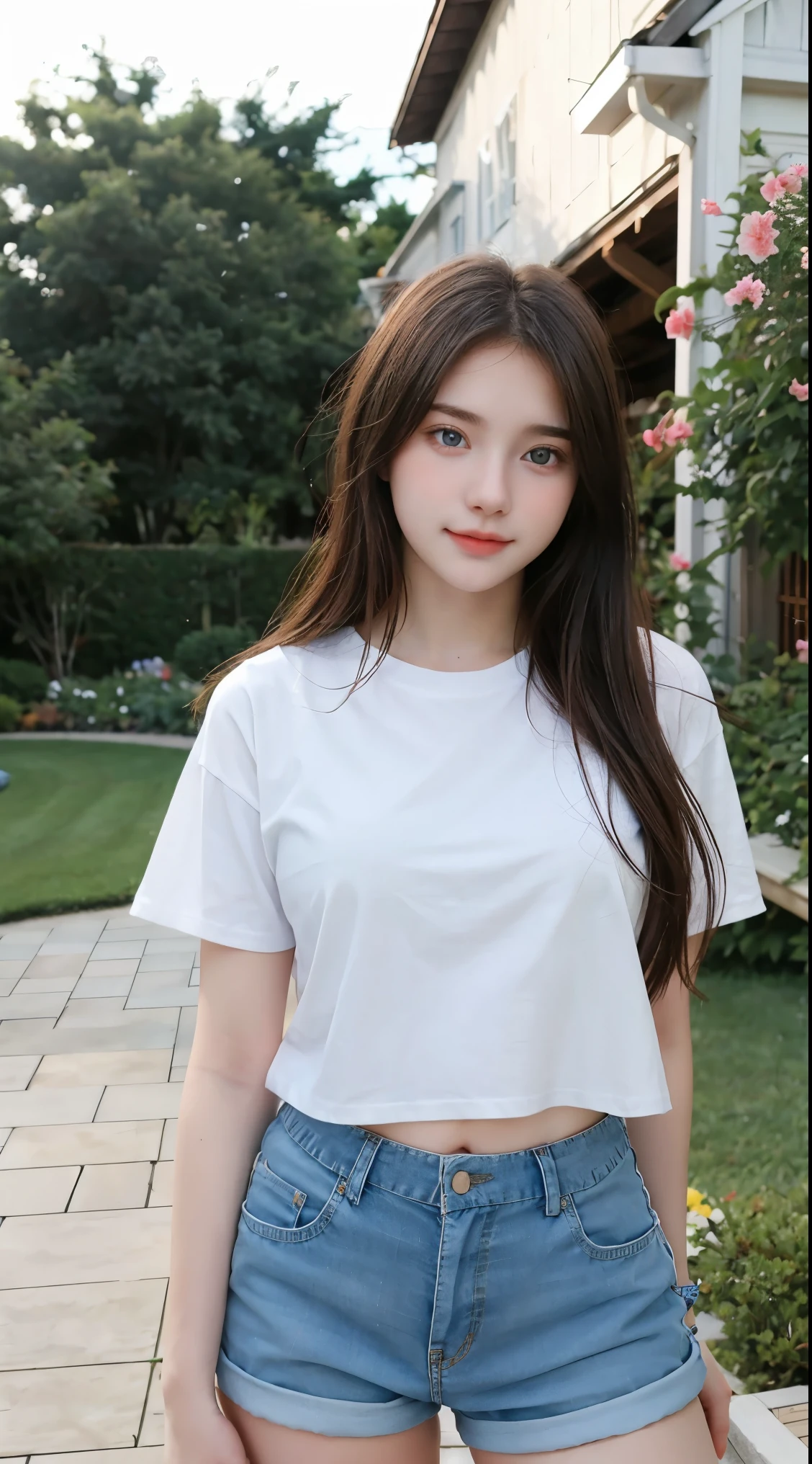 Gorgeus Girl, Beautiful, , 20 Years Old, White Skin, Beside, Sexy Pose, white t-shirt, Blue Eye, Bokeh, front yard of the house Background, Masterpiece, Fullbody Shot, short pants,