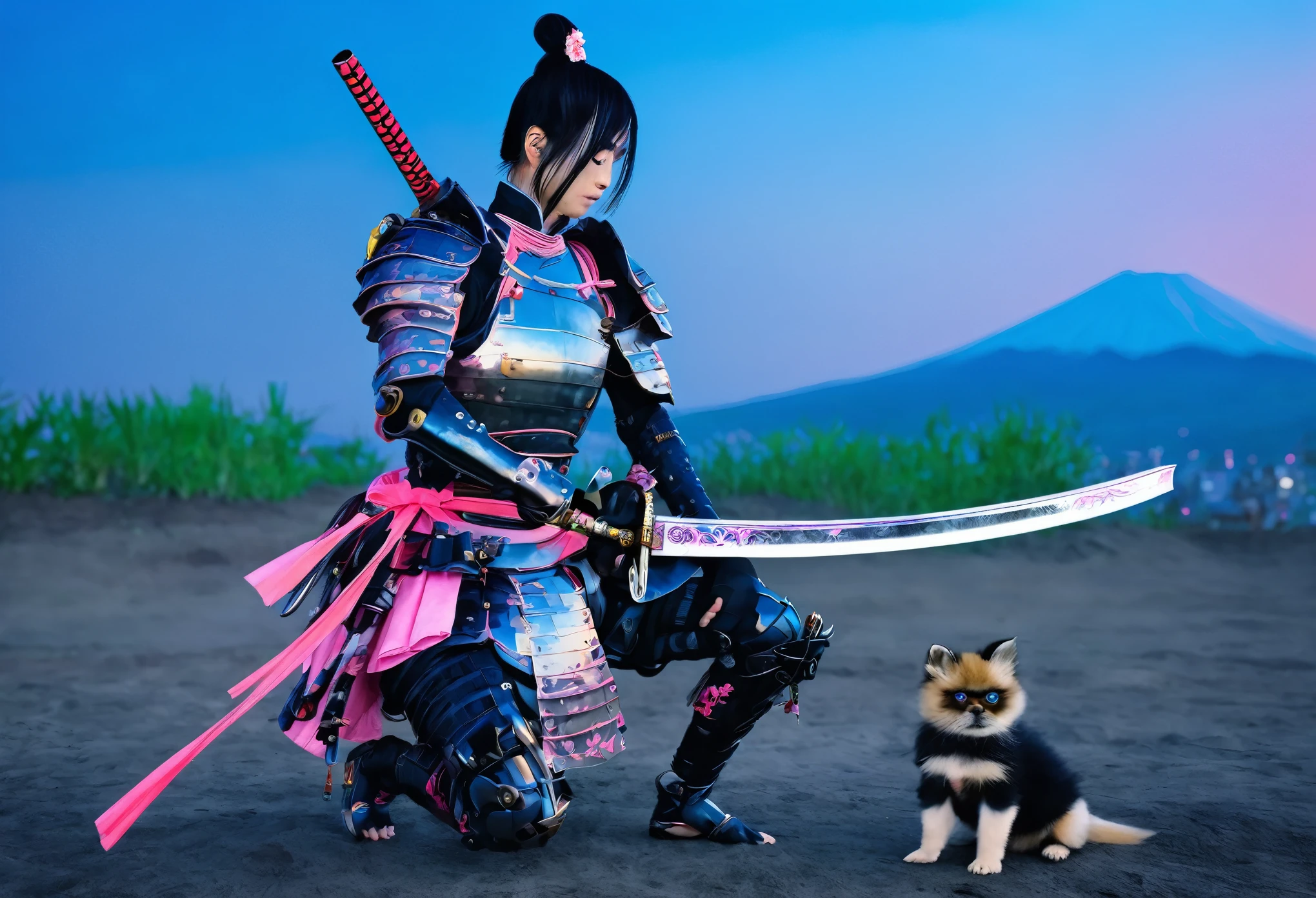 Momotaro, Cyberpunk, (Japan Katana, Samurai), 1 Man, Wakame, Peach in the forehead, ((Mechanical Armor)), Battlefield, Evening, Best Quality, Best Masterpiece, High Definition, 16K, 1 Dog, 1 Monkey, 1 Chick