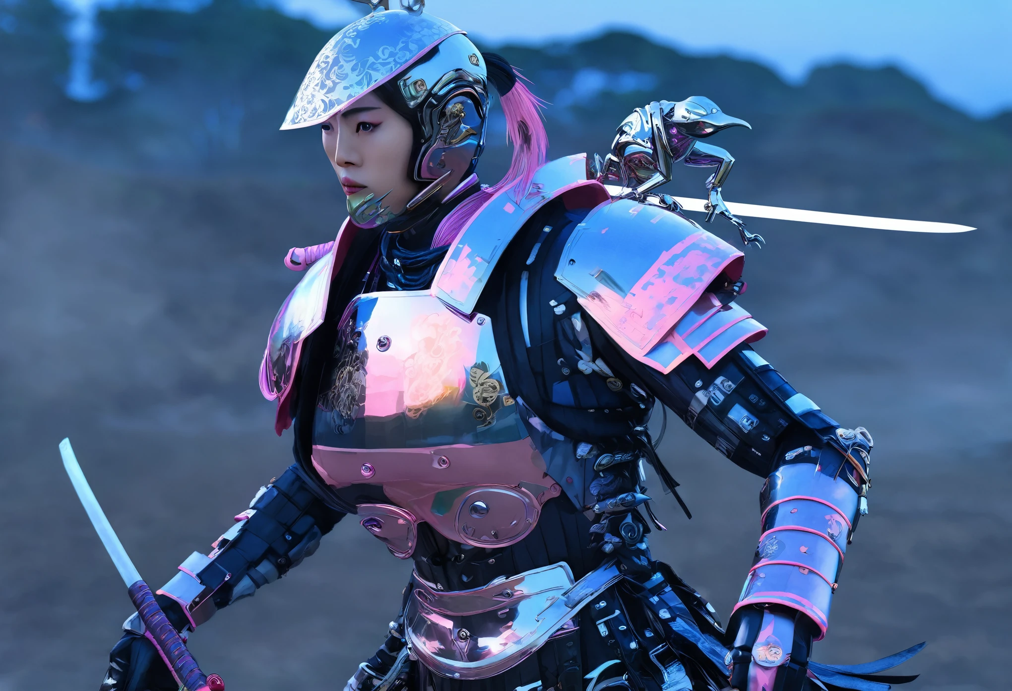 Momotaro, Cyberpunk, (Japan Katana, Samurai), 1 Man, Wakame, Peach in the forehead, ((Mechanical Armor)), Battlefield, Evening, Best Quality, Best Masterpiece, High Definition, 16K, 1 Dog, 1 Monkey, 1 Chick