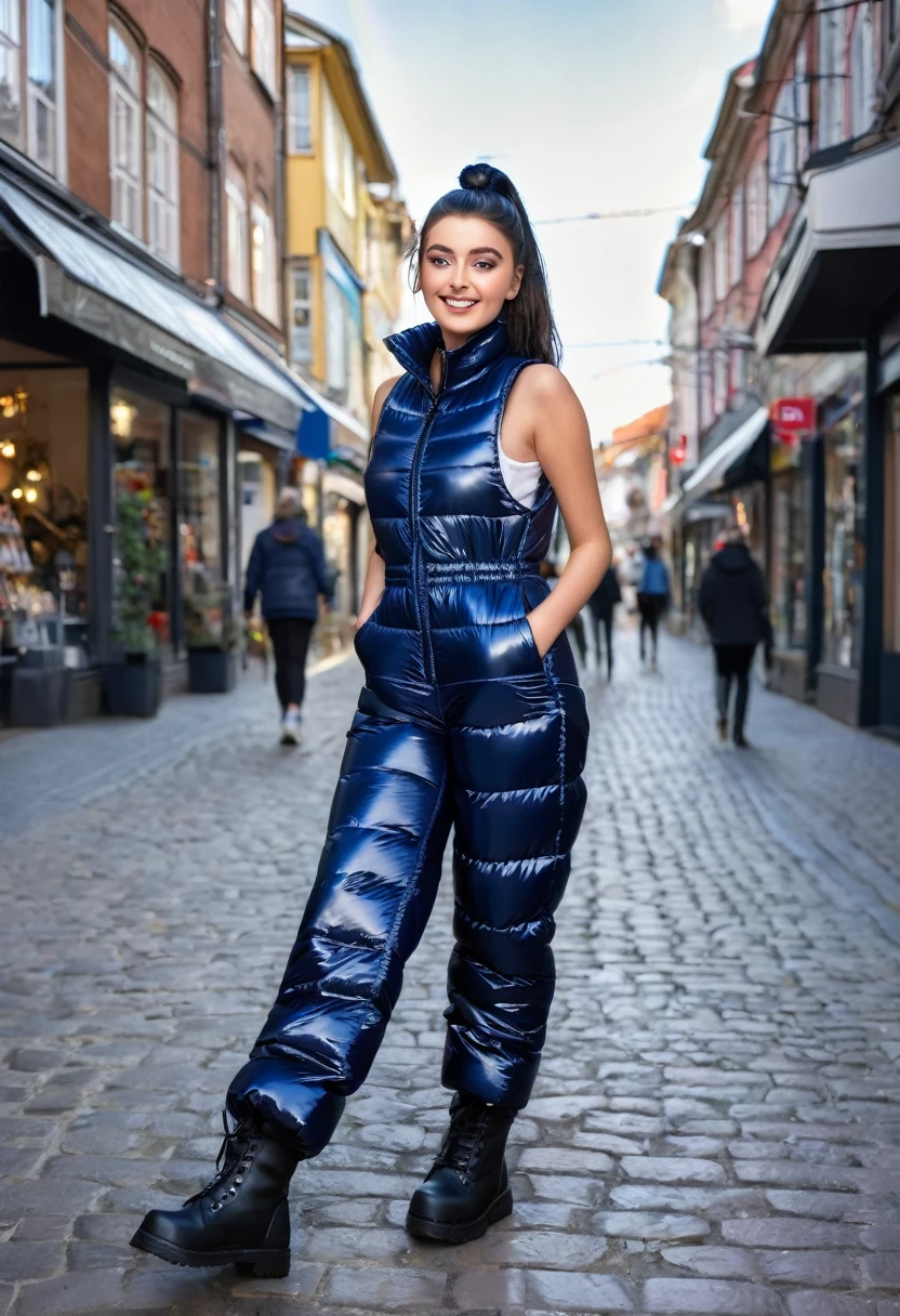 hyperrealistic beautiful busty 18-year-old girl with long legs wearing glossy navy voluminous puffer plastic overall, model shooting full body photography, raven black hair with long ponytail, dark eye makeup with eyeliner, seductive smile, small necklace, 8K, Best quality, Meisterwerk, ultra high resolution, (Realismus: 1.4), Originalfoto, (realistische Hautstruktur: 1.3), (Filmkorn: 1.3), (Selfie-Winkel), 1 girl, Beautiful round hazel eyes and facial details, Meisterwerk, Best quality, street photography on a sunny day, nsfw with cameltoe
