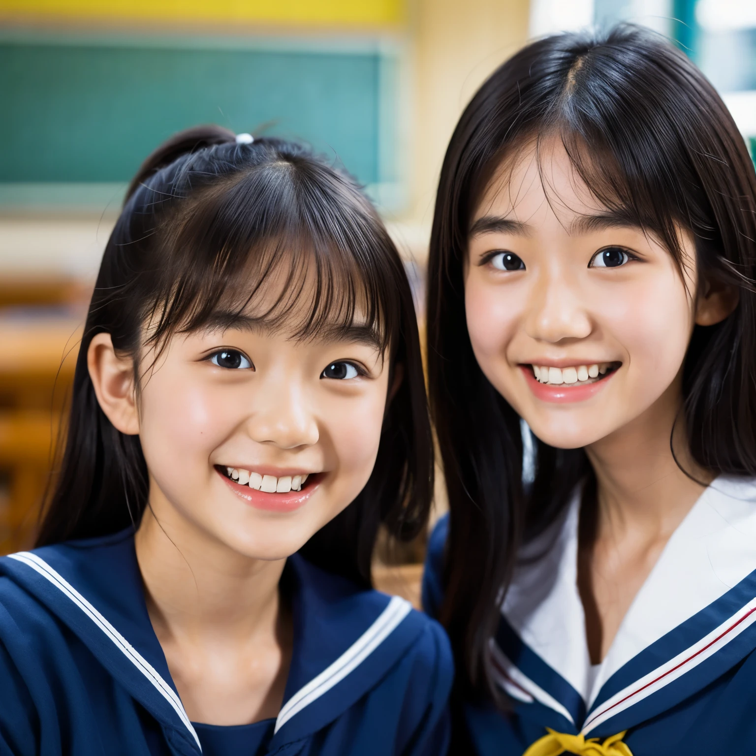 lens: 135mm f1.8, (highest quality),(RAW Photos), (Tabletop:1.1), (Beautiful 12 year old Japanese girl), Cute Face, (Deeply chiseled face:0.7), (freckles:0.4), dappled Nikko, Dramatic lighting, Navy blue sailor suit, (In the classroom), shy, (Close-up shot:1.2), smile