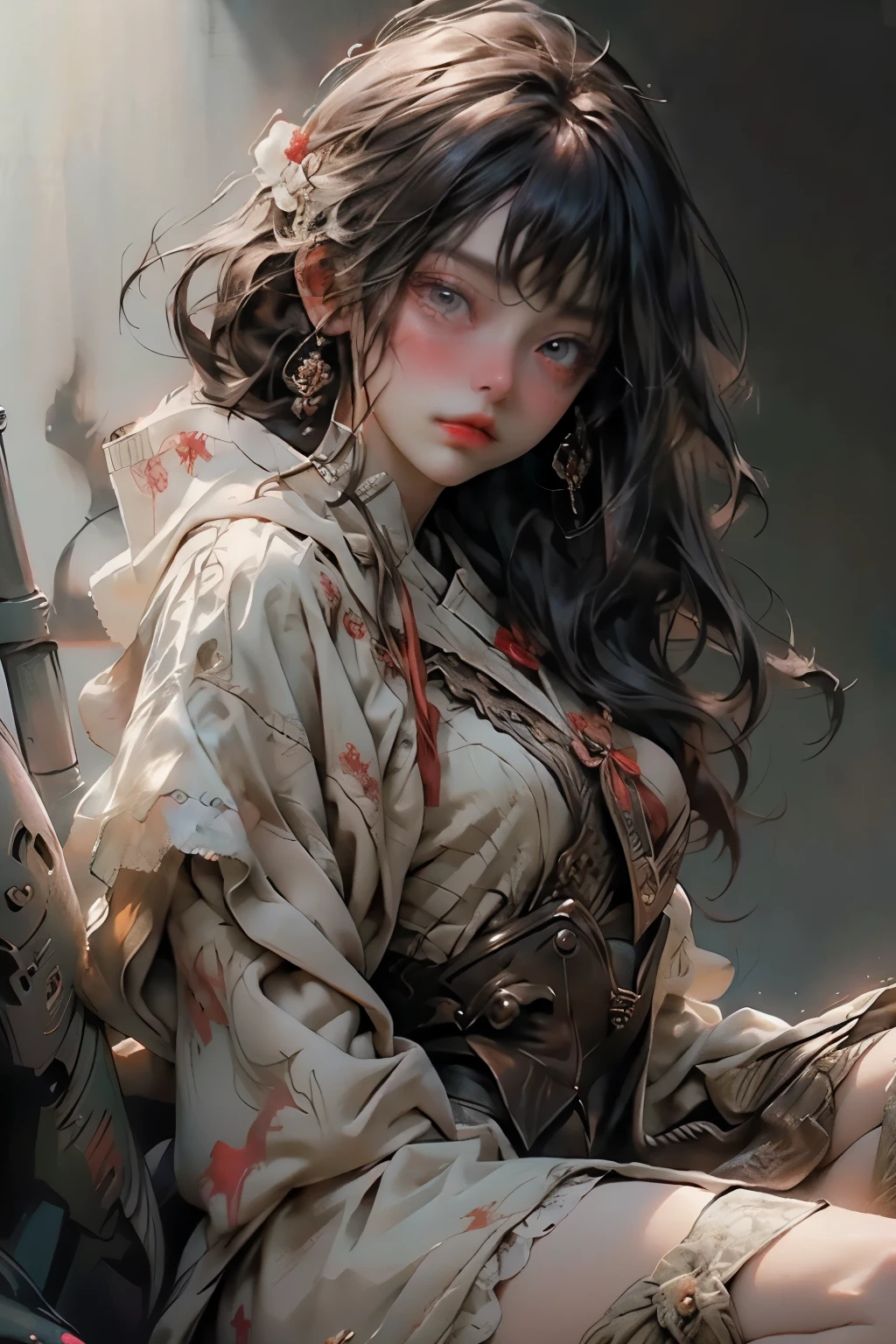 ((best quality)), ((masterpiece)), (detailed), perfect face, ((best quality)), ((masterpiece)), (detailed), perfect face(Golden ratio:1.2),(Fault color:1.3),[(White background:1.4)::10], (full bodyesbian:1.2),(Ultra-detailed:1.3), （white color background）white background, plain background, teens girl，White hair，Red glowing eyes, photorealestic,（（（Red and white trench coat））），（Red scarf)，a black pleated skirt，black t-shirts，longer sleeves，（（With a hood）），side-lighting, NSFW, Depicting female characters from ethereal anime in a high-quality anime art style，，，8K，Red and white shoes with a sense of technology，(chaotic geometric images:1.3),(nagative space:0.8), (ether colorful ink flowing:1.3), a knight, white background, plain background, Bloodborne inspired, tatty Bloodborne attire, occult aesthetic, occult, tatty red and white clothing detailed and intricate steampunk and detailed gothic ta (with a hood), long coat, Complex laced boots, Fluttering lace flared long knee length dress with frilly petticoats, long dress, knee length dress, pleated petticoats, loliress, petticoats gothic lolita, tiful small breasts, (((( Highly detailed face))), small thin nose, Small thin lips mouth, (((Very sharp focused eyes))), Very large slit precision pale grey eyes that shine like jewels. very long eyelashes, Silver hair swaying in the wind,  white background, Very dramatic and cinematic lighting, tatty damaged old red and white clothing, full body, whole body, body, cosmic horror, grim dark