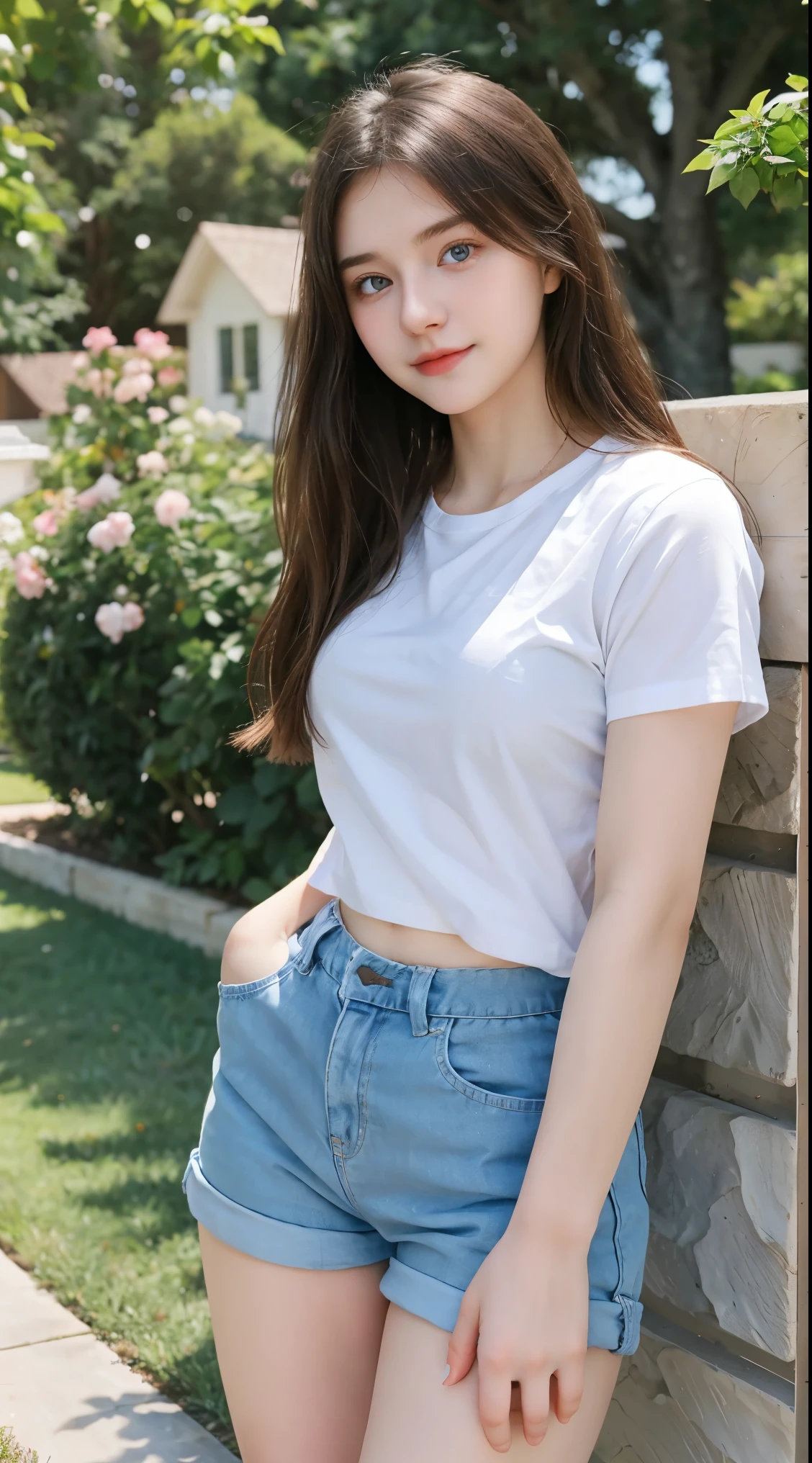Gorgeus Girl, Beautiful, , 20 Years Old, White Skin, Beside, Sexy Pose, white t-shirt, Blue Eye, Bokeh, front yard of the house Background, Masterpiece, Fullbody Shot, short pants,