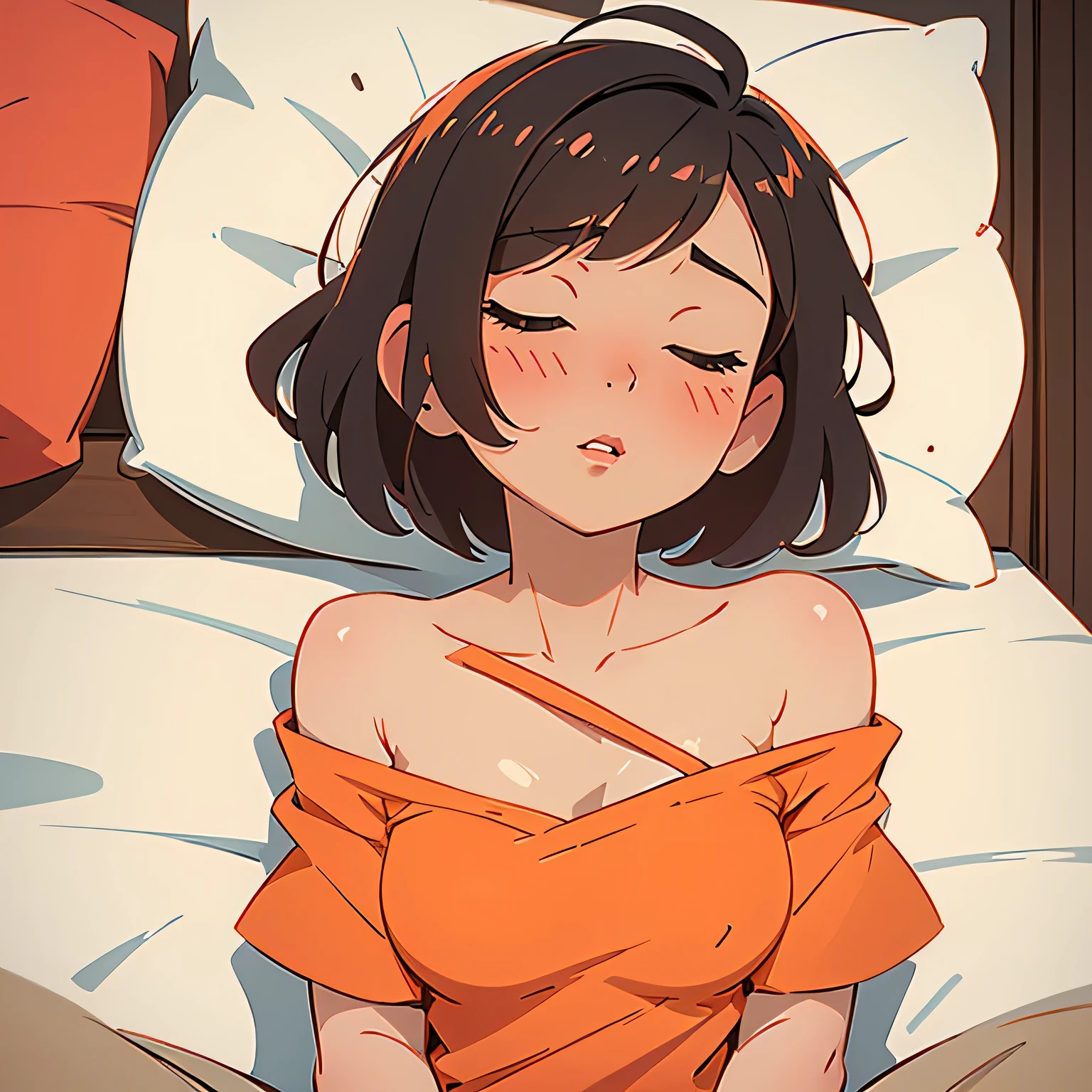 Amazing portrait of a sexy and cute girl with a short bob hairstyle and a seductive gaze who is blushing intensely with parted lips and is desperate and flustered and lustful wearing an off shoulder orange t shirt showcasing her bare shoulder while lying on bed