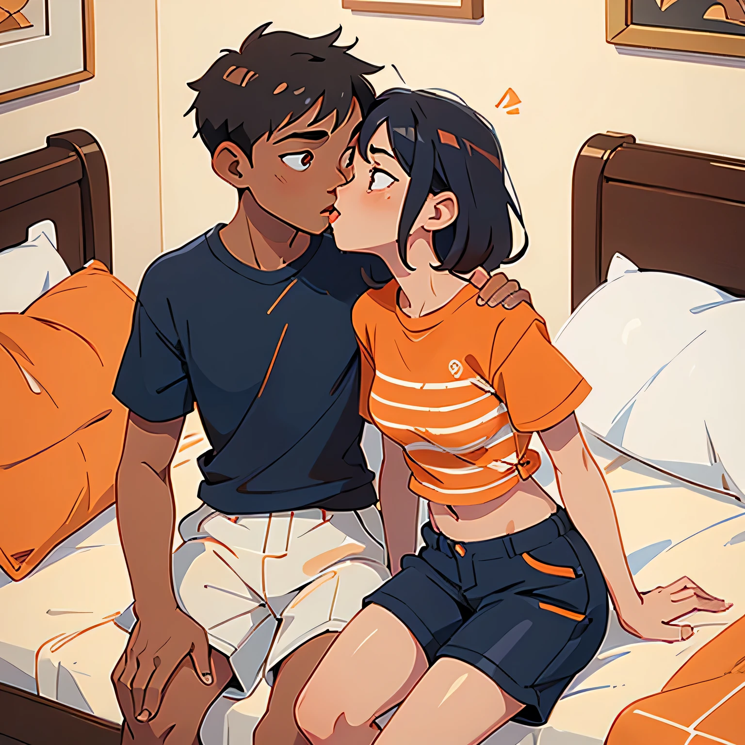 Amazing portrait of a young woman wearing white and orange striped t shirt and orange shorts and young boy wearing a navy blue t shirt and black shorts sitting on a bed together and kissing and making out passionately in a sexy and hot and lustful setting