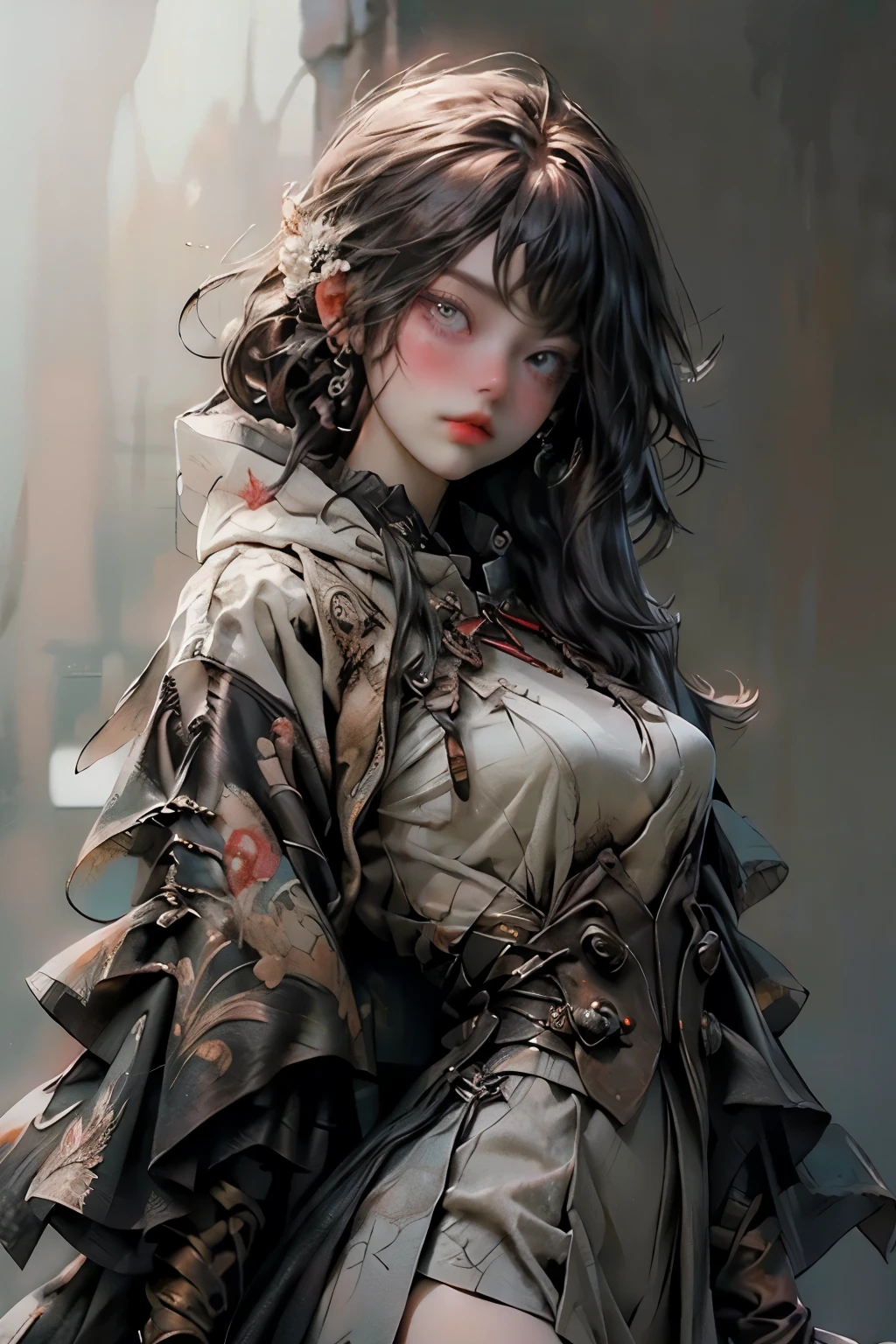 ((best quality)), ((masterpiece)), (detailed), perfect face, ((best quality)), ((masterpiece)), (detailed), perfect face(Golden ratio:1.2),(Fault color:1.3),[(White background:1.4)::10], (full bodyesbian:1.2),(Ultra-detailed:1.3), （white color background）white background, plain background, teens girl，White hair，Red glowing eyes, photorealestic,（（（Red and white trench coat））），（Red scarf)，a black pleated skirt，black t-shirts，longer sleeves，（（With a hood）），side-lighting, NSFW, Depicting female characters from ethereal anime in a high-quality anime art style，，，8K，Red and white shoes with a sense of technology，(chaotic geometric images:1.3),(nagative space:0.8), (ether colorful ink flowing:1.3), a knight, white background, plain background, Bloodborne inspired, tatty Bloodborne attire, occult aesthetic, occult, tatty red and white clothing detailed and intricate steampunk and detailed gothic lolita (with a hood), long coat, Complex laced boots, Fluttering lace flared long knee length dress with frilly petticoats, long dress, knee length dress, pleated petticoats, lolita dress, petticoats gothic lolita, beautiful small breasts, (((( Highly detailed face))), small thin nose, Small thin lips mouth, (((Very sharp focused eyes))), Very large slit precision pale grey eyes that shine like jewels. very long eyelashes, Silver hair swaying in the wind,  white background, Very dramatic and cinematic lighting, tatty damaged old red and white clothing, full body, whole body, body, cosmic horror, grim dark