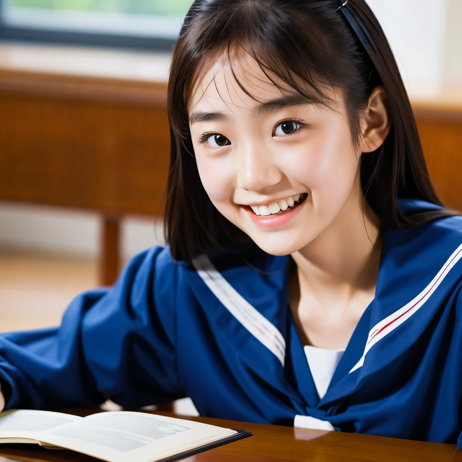 lens: 135mm f1.8, (highest quality),(RAW Photos), (Tabletop:1.1), (Beautiful 18 year old Japanese girl), Cute Face, (Deeply chiseled face:0.7), (freckles:0.4), dappled Nikko, Dramatic lighting, uniform, Sailor suit, (In the classroom), shy, (Close-up shot:1.2), smile