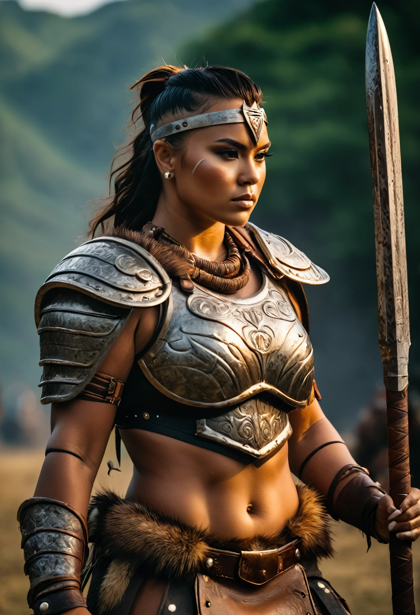 Foto RAW, Thick figure, Heavy physique, ((best quality)), ((masterpiece)), (detailed), perfect face, Envision a savage female barbarian warrior, her Brave dominance in the battlefield as she unleashes her fury upon her foes. Her armor should be adorned with tribal markings and symbols, representing her connection to her ancestral heritage, (pele altamente detalhada: 1.2), 8k UHD, DSLR, soft-lighting, alta qualidade, grain of film, Fujifilm XT3