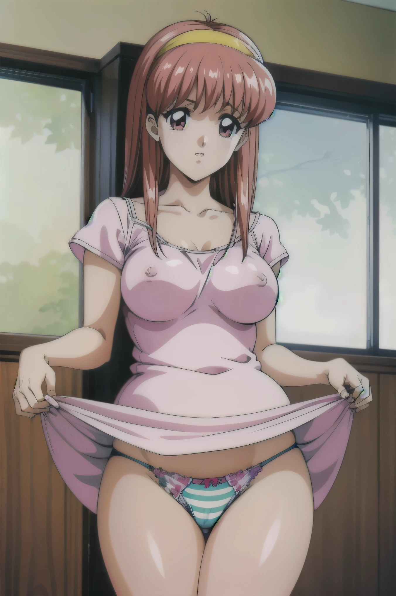 score_9, score_8_superior, score_7_superior, score_6_superior, score_5_superior, score_4_superior, break, sauce_anime, 1980s (style), retro artstyle, 1980s anime cels style, anime screencap, (Flat Color), break, One girl, Shaking breasts, , bangs, short hair, Brown Hair, Cowboy Shot, Panties、白いPanties、Skirt Lift、Her skirt is flipped up、Curvaceous、Large Breasts、Thick thighs、ピチピチのPanties、Pantiesが完全に見えている、Pantiesが丸見えになっている、Nipples are visible
