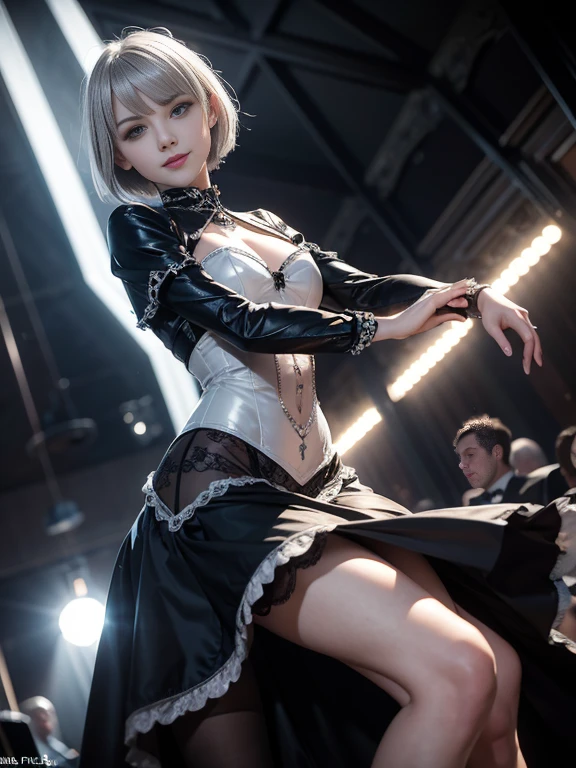 8K,Masterpiece,One woman,Smile,30 years old,blue eyes,Silver Ash Hair,Short Bob Hair,Dutch beauty,Ella Freya(Ella Freya),Gothic ta,White skin,Slender figure,Small breasts,Dynamic Angle,dancing,Dynamic Pose