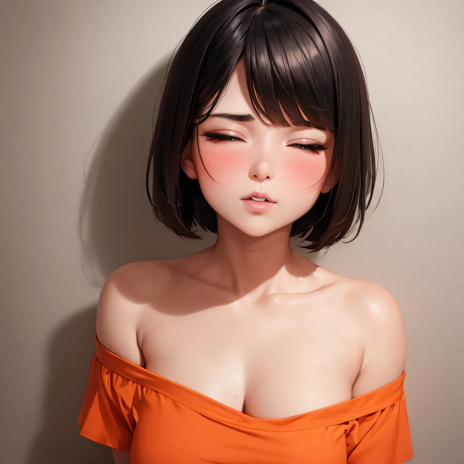 Amazing portrait of a sexy and cute girl with a short bob hairstyle and a seductive gaze who is blushing intensely with parted lips and is desperate and flustered and lustful wearing an off shoulder orange t shirt showcasing her bare shoulder while lying on bed
