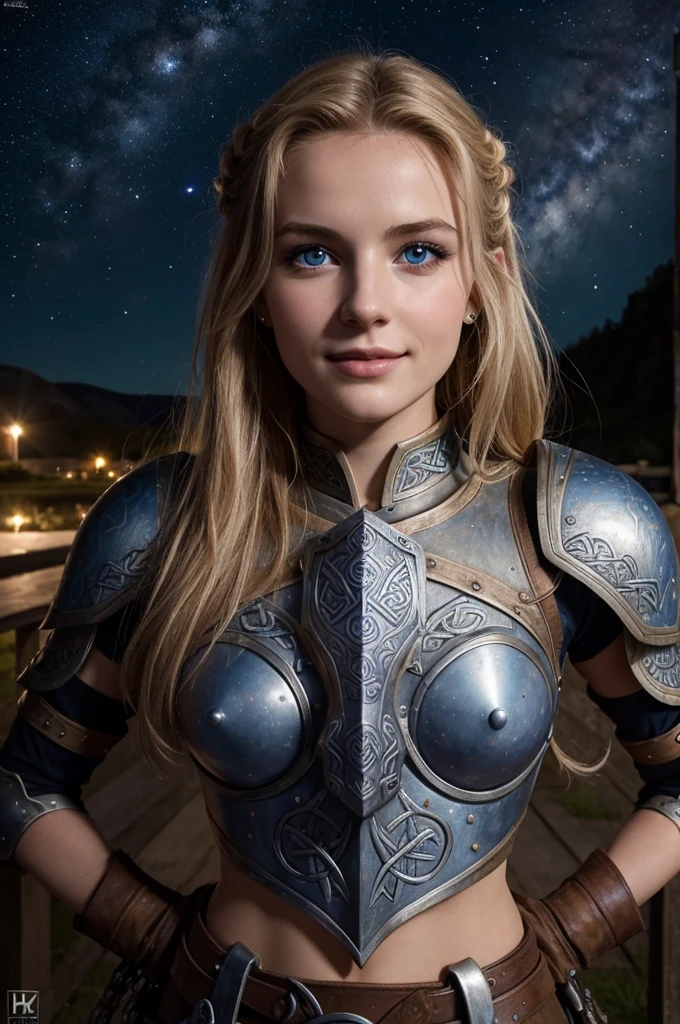 Jeune femme de 25 ans, visage fin, cheveux long, cheveux blonds, yeux bleus, HD, 8K, masterpiece, sourire romantique, sexy, metal lingery, celtic design chest armor, guerrière viking, celtic tattoo, at night, aurore boreale, milky way