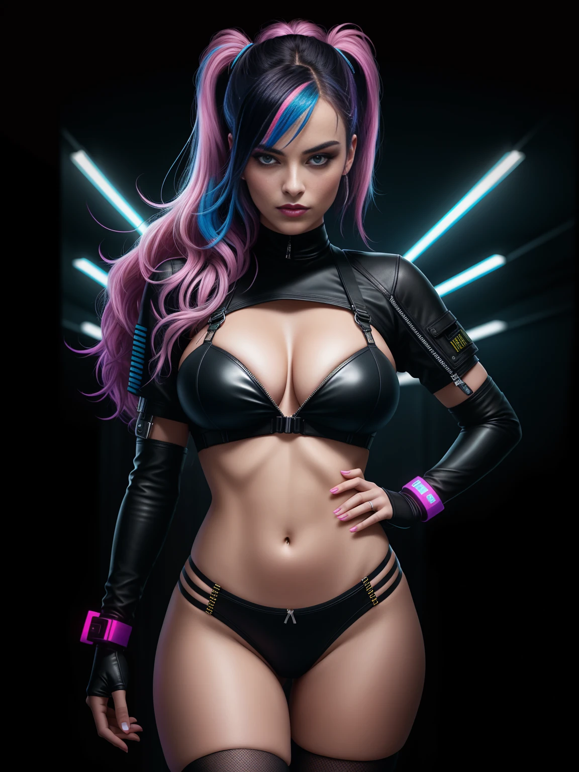 there is Margot Robbie, navy blue and bright purple neon streaked hair, hair in pony tail, 3 d neon art of a womans body, neon-noir background, cyberpunk femme fatale, seductive cyberpunk dark fantasy, cyberpunk strip clubs, cyberpunk 20 y. o model girl, oppai cyberpunk, banner, high definition cgsociety, cgsociety masterpiece, trending on cgstation, kda, random hair, looking at camera, gigantic breasts, cleavage, (high detailed skin:1.2), 8k uhd, dslr, super lighting, high quality, film grain, high res, highly detailed, hyper realistic, beautiful face, beautiful body, beautiful eyes nose lips, alluring expression, very bold, upper visible, full body photo, standing legs apart, pale translucent glowing skin, most beautiful face, cute, (well defined pubic hair:1.2)), (dark plain black background:1.4))