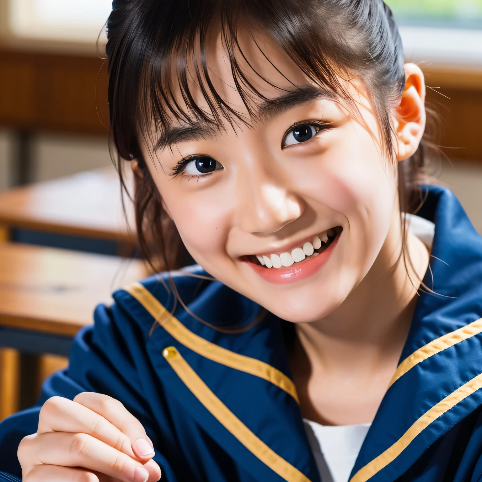 lens: 135mm f1.8, (highest quality),(RAW Photos), (Tabletop:1.1), (Beautiful 18 year old Japanese girl), Cute Face, (Deeply chiseled face:0.7), (freckles:0.4), dappled Nikko, Dramatic lighting, uniform, Sailor suit, (In the classroom), shy, (Close-up shot:1.2), smile