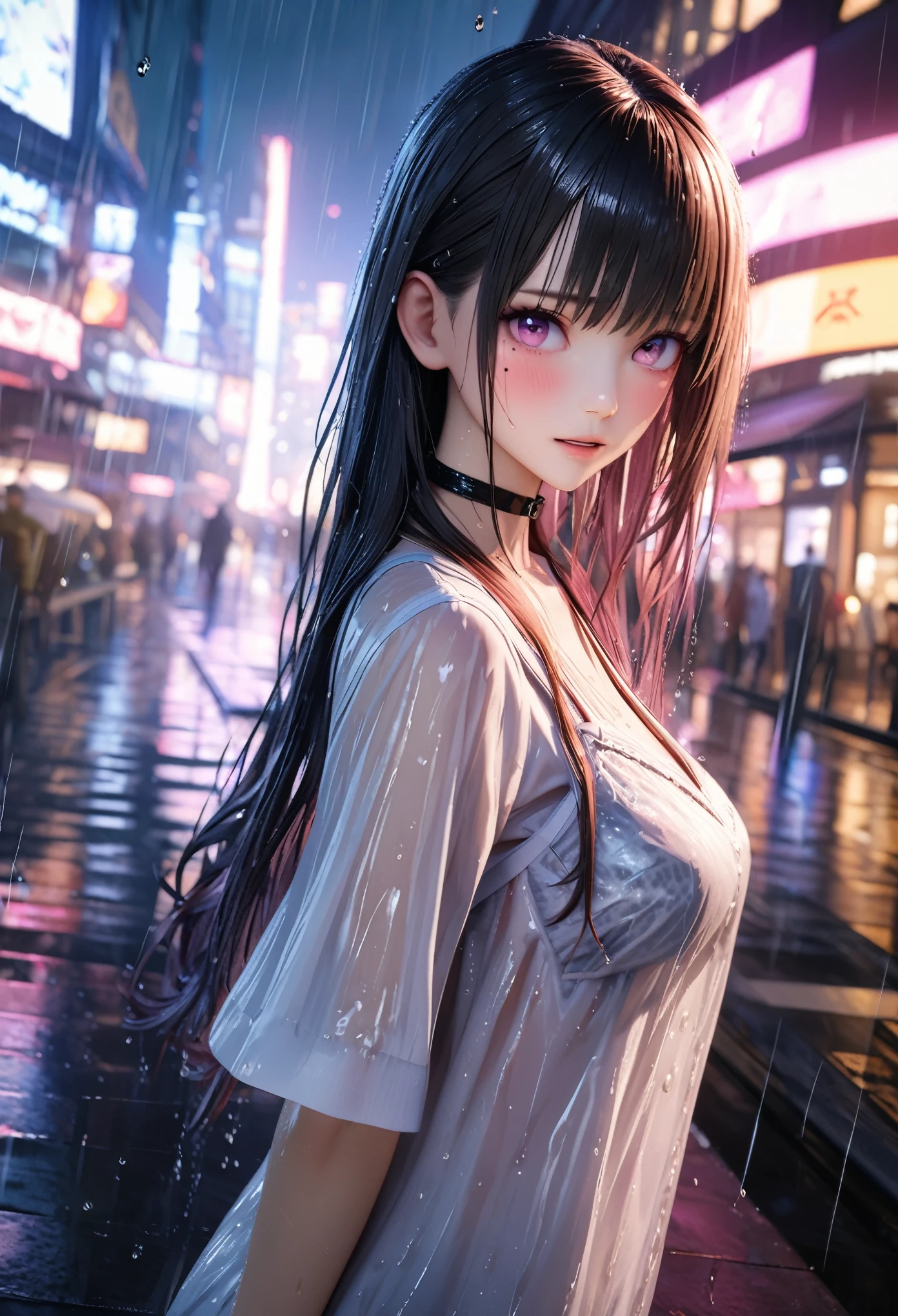 masterpiece, best quality, very detailed, high resolution, expensive resolution, high resolution, 4k, 8k, Unity 8k wallpaper, highly detailed CG, masterpiece, 2d, 3d, beautiful details, depth, fine texture, best quality: 1.3, perfect focus, crisp skin, him, rain, wet, wet clothes: 1.2 very cute anime girl, (white sheer bra visible through white blouse wet from pouring rain), large breasts, expensive pink medium long hair, 1 girl, rain, (raindrops dripping from wet hair, sheer white bra visible through thin blouse wet from rain), mole under eye, looking at viewer, expensive, blush, mole, open lips, heart, pink eyes, choker