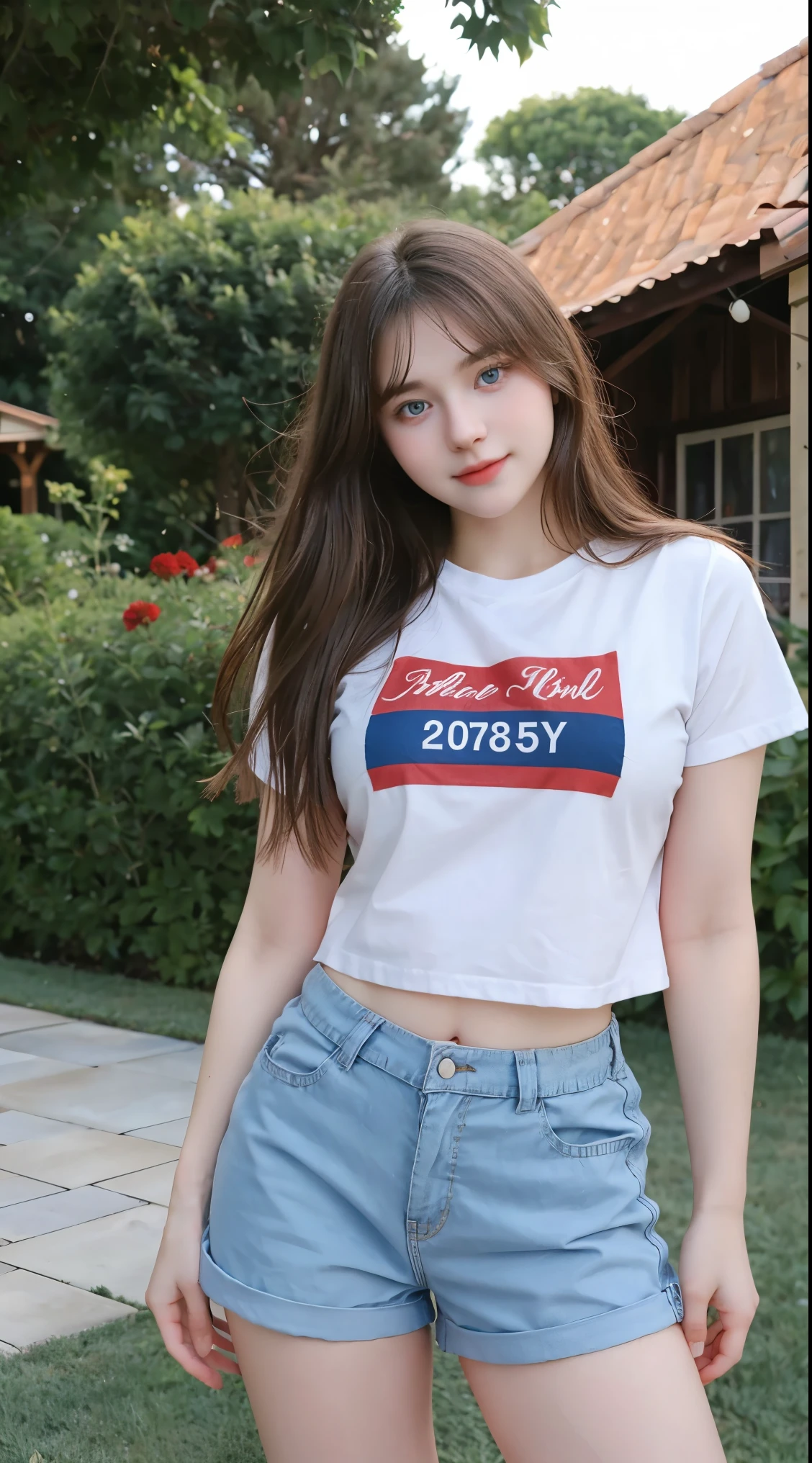 Gorgeus Girl, Beautiful, Baby Face, 20 Years Old, White Skin, Beside, Sexy Pose, red t-shirt, Blue Eye, Bokeh, front yard of the house Background, Masterpiece, Fullbody Shot, short pants,