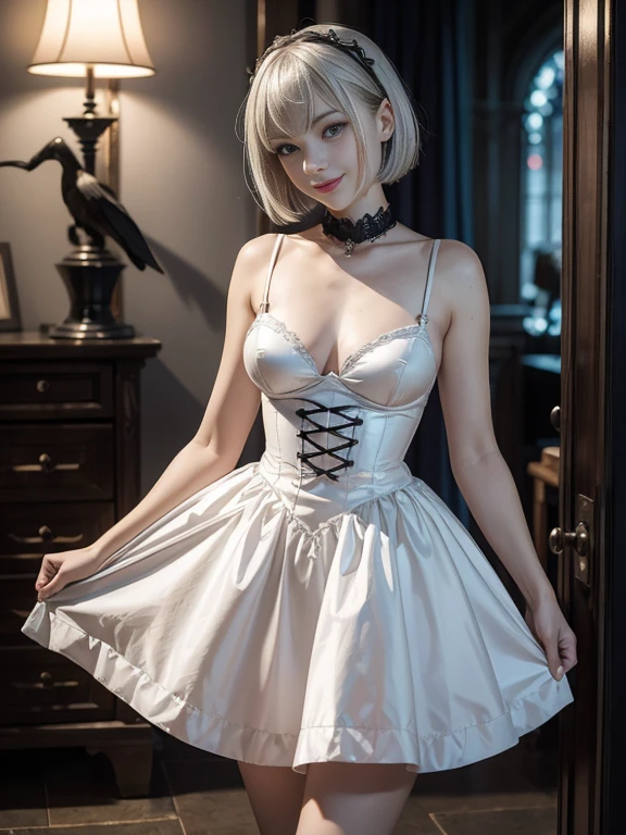 8K,Masterpiece,One woman,Smile,30 years old,blue eyes,Silver Ash Hair,Short Bob Hair,Dutch beauty,Ella Freya（Ella Freya),Gothic Lolita,White skin,Slender figure,Small breasts,Dynamic Angle,