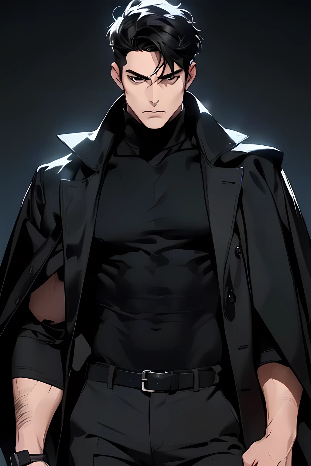 ((1 Adult man, 40 years))), ((Black Short Hair)), ((grey eyes)), black turtleneck, black pants, Black background, Large assembly, a pumped-up body, good anatomy, (Detailed eyes, Even the eyes), serious look, serious expression, black cloak dynamic pose, military, scars on the body