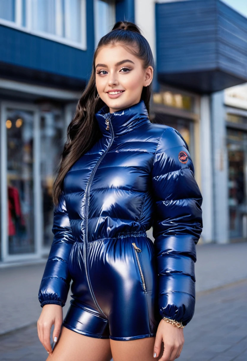 hyperrealistic beautiful busty 18-year-old teen girl with long legs wearing glossy navy voluminous puffer plastic overall, model shooting full body photography, raven black hair with long ponytail, dark eye makeup with eyeliner, seductive smile, small necklace, 8K, Best quality, Meisterwerk, ultra high resolution, (Realismus: 1.4), Originalfoto, (realistische Hautstruktur: 1.3), (Filmkorn: 1.3), (Selfie-Winkel), 1 girl, Beautiful round hazel eyes and facial details, Meisterwerk, Best quality, street photography on a sunny day, nsfw with cameltoe
