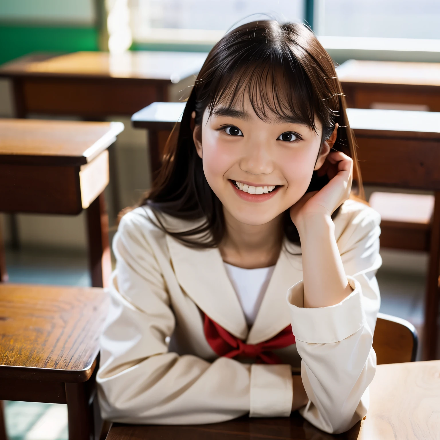 lens: 135mm f1.8, (highest quality),(RAW Photos), (Tabletop:1.1), (Beautiful 18 year old Japanese girl), Cute Face, (Deeply chiseled face:0.7), (freckles:0.4), dappled Nikko, Dramatic lighting, uniform, Sailor suit, (In the classroom), shy, (Close-up shot:1.2), smile