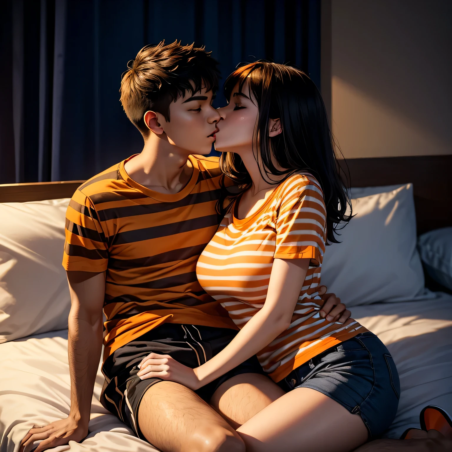 Amazing portrait of a young woman wearing white and orange striped t shirt and orange shorts and young boy wearing a navy blue t shirt and black shorts sitting on a bed together and kissing and making out passionately in a sexy and hot and lustful setting