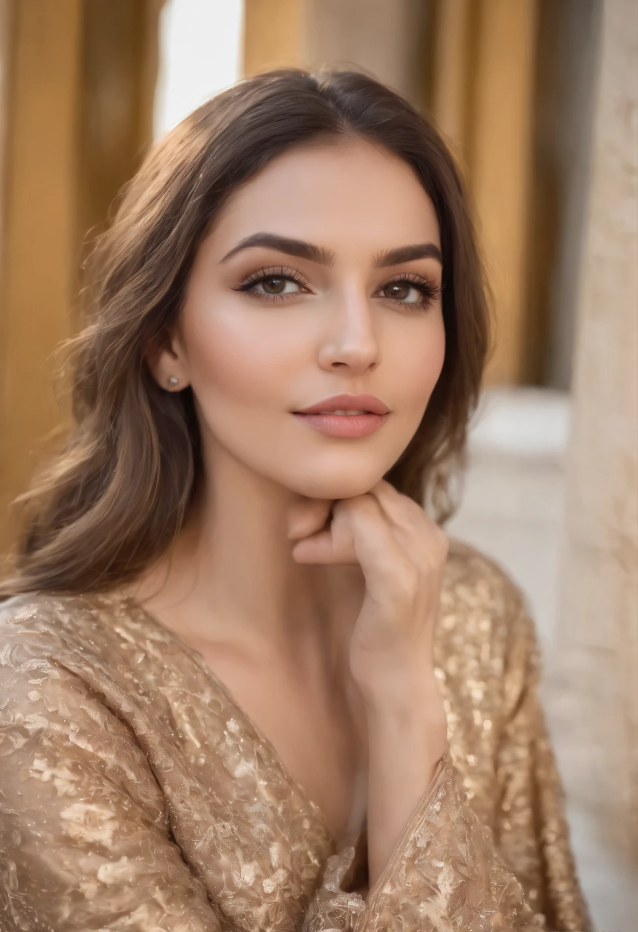 (masterpiece, Best quality:1.2), 1 fille, solo, (photorealistic:1.18), masterpiece, photo 8K, detailed face:1.2, ideal Moroccan influencer, very beautiful, Tanned skin, glamour, petit visage, visage ovale, cheveux longs et noirs, chevelure brillante, yeux marron expressifs, Cils longs et épais, elegant but natural makeup, style vestimentaire chic et tendance, mélange de tenues traditionnelles (caftan moderne avec broderies) et modernes (elegant dress), posture confiante et charismatique, sourire chaleureux, pose naturelle, sitting in a cafe in Rabat, showing only the upper half of her body, fond marocain typique (architecture traditionnelle, couleurs vibrantes), atmosphère conviviale, Fashionable accessories, air passionné et amical, allure internationale, attirant l'attention des Américains et des Arabes
