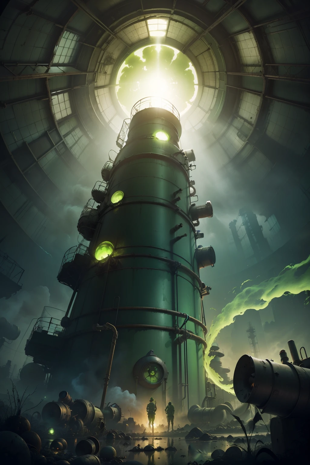 radioactive,((toxic lab)),toxic fume,laboratory,poison,poisonous gas,green poisonous tank,This artwork is presented in stunning UHD resolution, allowing you to appreciate every nuance and intricacy in breathtaking detail. View from below,fisheye,Eye level, scenic, masterpiece,mtg art,magic the gathering art.