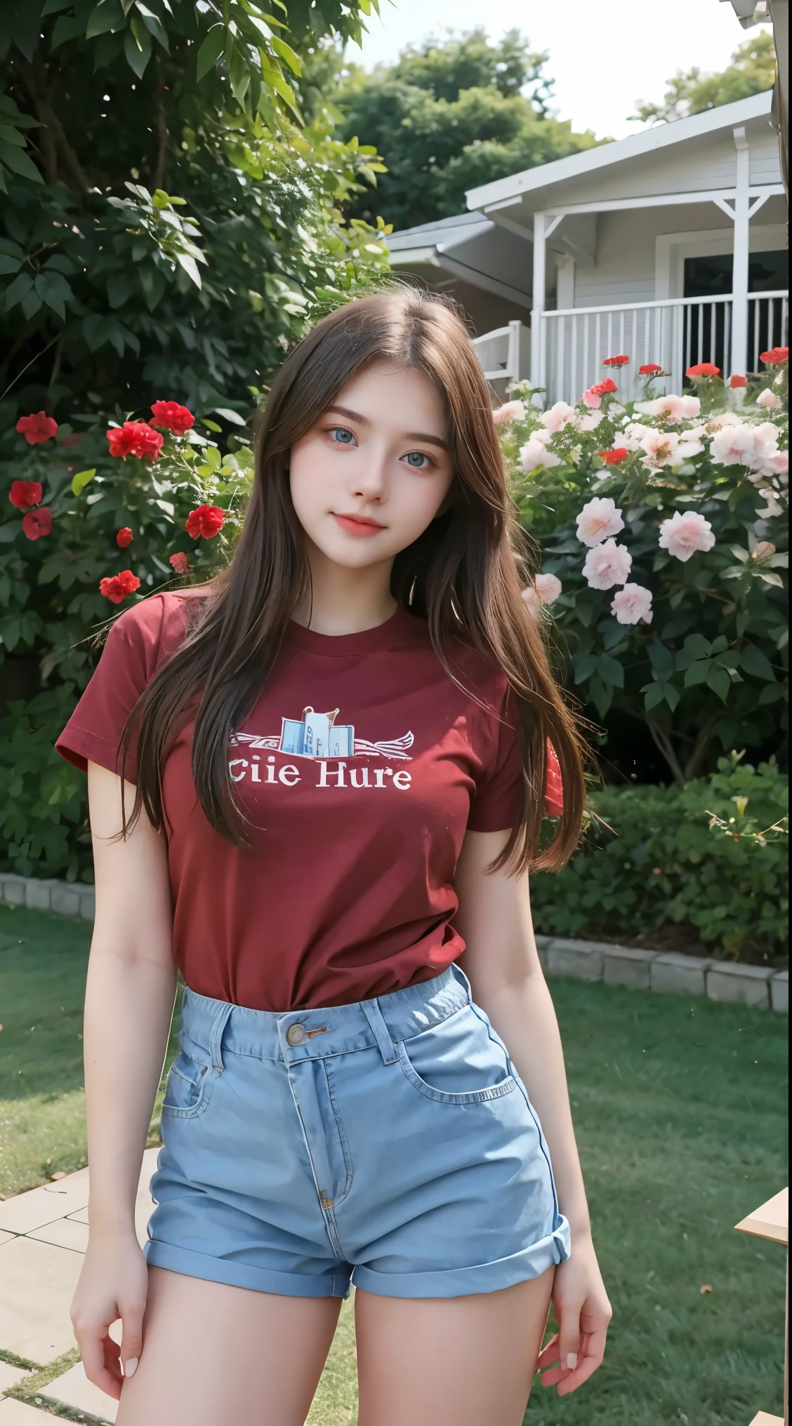 Gorgeus Girl, Beautiful, Baby Face, 20 Years Old, White Skin, Beside, Sexy Pose, red t-shirt, Blue Eye, Bokeh, front yard of the house Background, Masterpiece, Fullbody Shot, short pants,