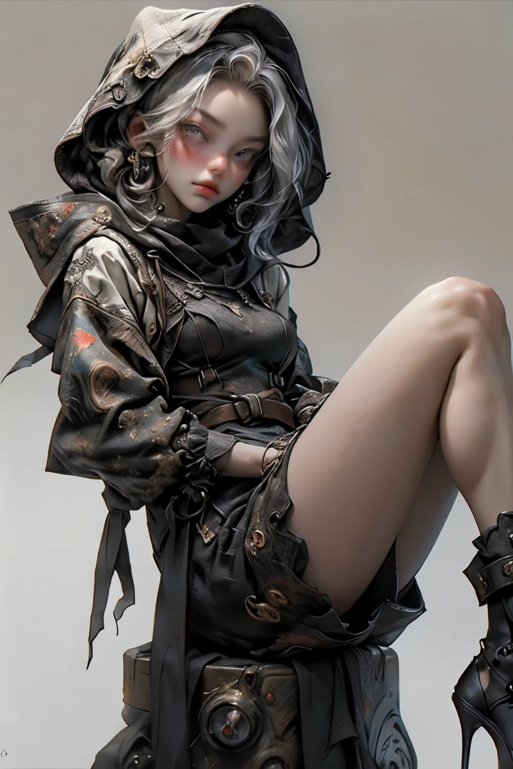 ((best quality)), ((masterpiece)), (detailed), perfect face, ((best quality)), ((masterpiece)), (detailed), perfect face(Golden ratio:1.2),(Fault color:1.3),[(White background:1.4)::10], (full bodyesbian:1.2),(Ultra-detailed:1.3), （white color background）white background, plain background, teens girl，White hair，Red glowing eyes, photorealestic,（（（Red and white trench coat））），（Red scarf)，a black pleated skirt，black t-shirts，longer sleeves，（（With a hood）），side-lighting, NSFW, Depicting female characters from ethereal anime in a high-quality anime art style，，，8K，Red and white shoes with a sense of technology，(chaotic geometric images:1.3),(nagative space:0.8), (ether colorful ink flowing:1.3), a knight, white background, plain background, Bloodborne inspired, tatty Bloodborne attire, occult aesthetic, occult, tatty red and white clothing detailed and intricate steampunk and detailed gothic lolita (with a hood), long coat, Complex laced boots, Fluttering lace flared long knee length dress with frilly petticoats, long dress, knee length dress, pleated petticoats, lolita dress, petticoats gothic lolita, beautiful small breasts, (((( Highly detailed face))), small thin nose, Small thin lips mouth, (((Very sharp focused eyes))), Very large slit precision pale grey eyes that shine like jewels. very long eyelashes, Silver hair swaying in the wind,  white background, Very dramatic and cinematic lighting, tatty damaged old red and white clothing, full body, whole body, body, cosmic horror, grim dark, full body