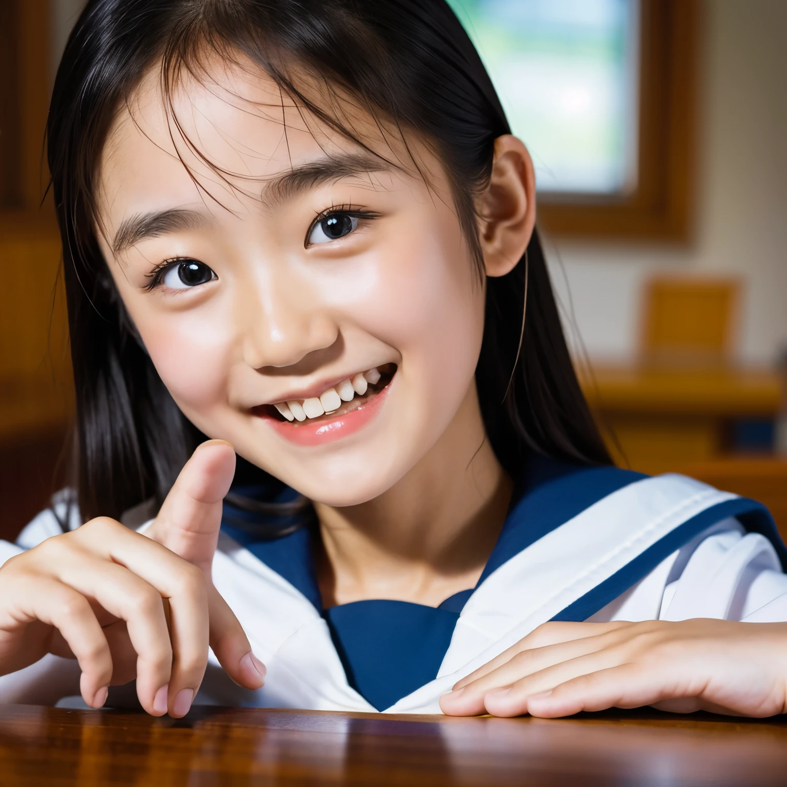 lens: 135mm f1.8, (highest quality),(RAW Photos), (Tabletop:1.1), (Beautiful 9 year old Japanese girl), Cute Face, (Deeply chiseled face:0.7), (freckles:0.4), dappled Nikko, Dramatic lighting, uniform, Sailor suit, (In the classroom), shy, (Close-up shot:1.2), smile