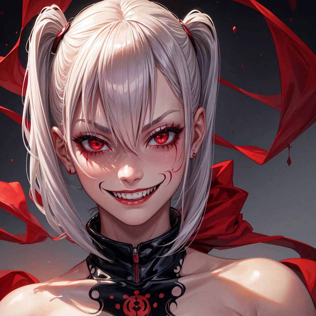 1_girl, solo, tattoo girl, very beautiful, murderous, Harley Quinn, crazed look, dark background, 8K, dynamic wallpaper, very delicate, very dense, creepy smile, close up to camera, dripping red one piece swimsuit, dark room with a red spotlight 