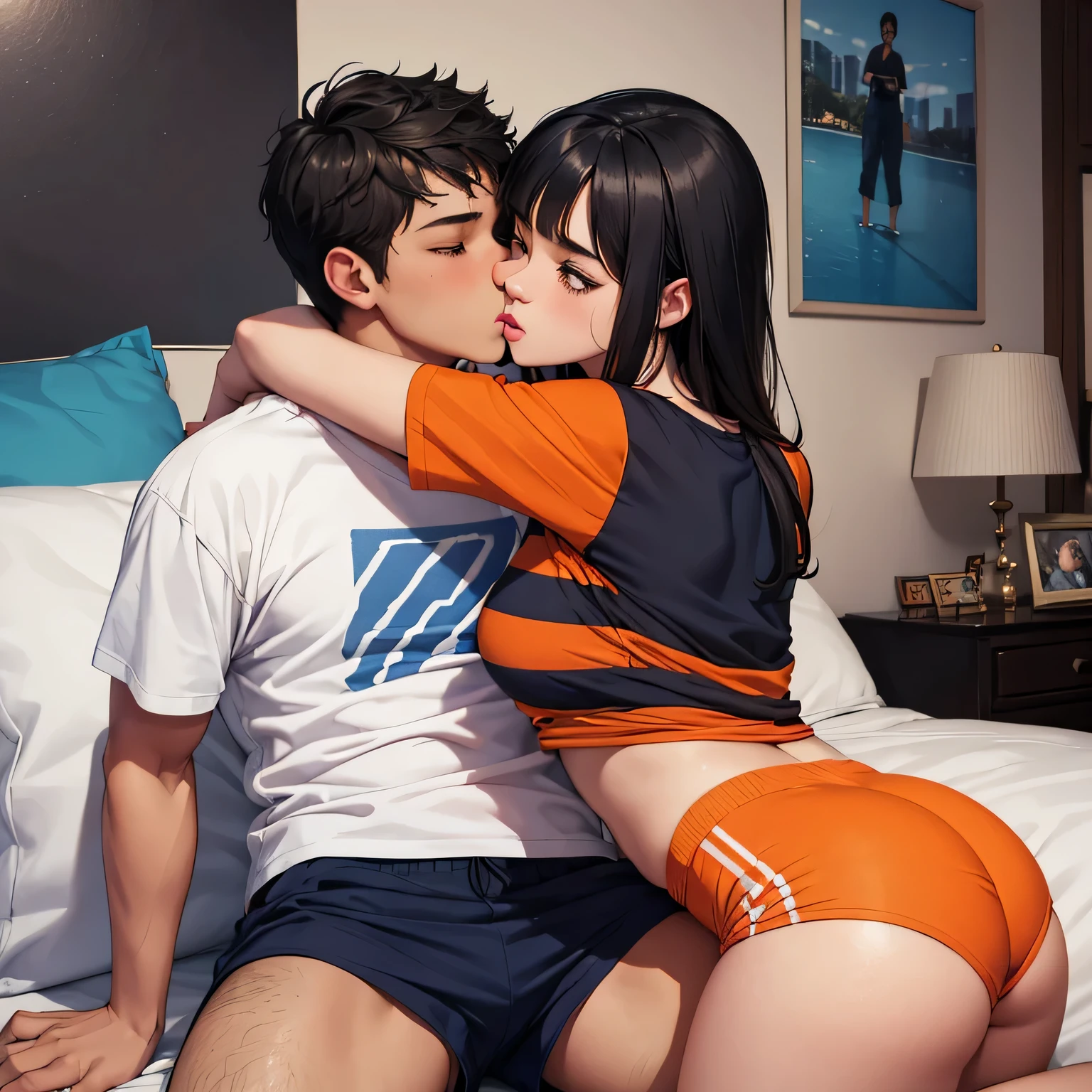 Amazing portrait of a young woman wearing white and orange striped t shirt and orange shorts and young boy wearing a navy blue t shirt and black shorts sitting on a bed together and kissing and making out passionately in a sexy and hot and lustful setting