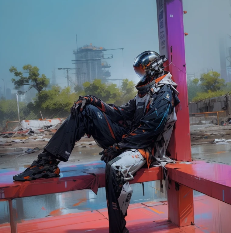 astronaut robot, Orange and white metallic helmet and cyberpunk look.., full vertical. floor length coat.Mecha.body.dark, dystopian aesthetics,Techwear clothing
