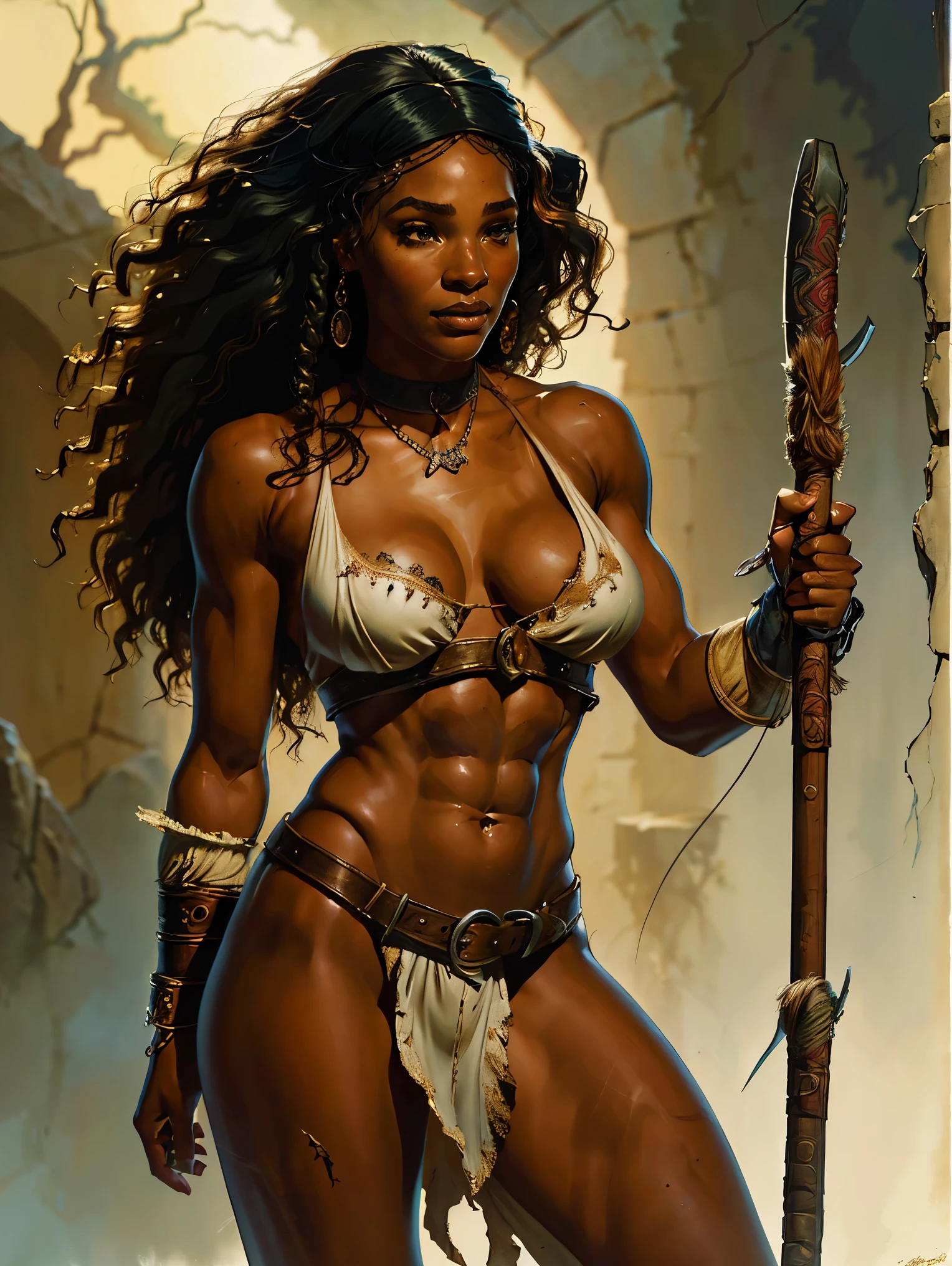 a female black lady from the early 18th century based on Serena Williams, Dungeons and Dragons 5th edition style illustration, cinematic, fantasy painting, highly detailed, black outlining, full color illustration, in the style of BORIS VALLEJO & JULIE BELL