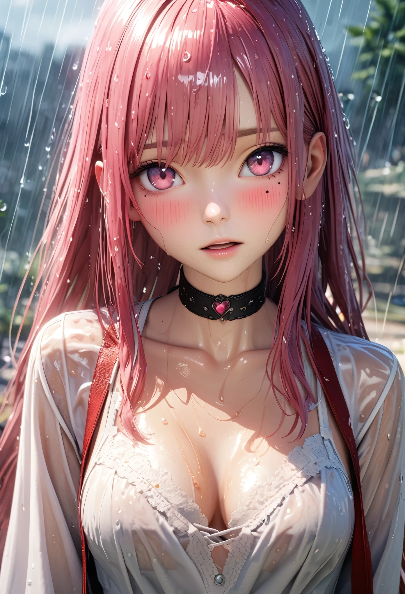 masterpiece, best quality, very detailed, high resolution, expensive resolution, high resolution, 4k, 8k, Unity 8k wallpaper, highly detailed CG, masterpiece, 2d, 3d, beautiful details, depth, fine texture, best quality: 1.3, perfect focus, crisp skin, him, rain, wet, wet clothes: 1.2 very cute anime girl, (white sheer bra visible through white blouse wet from pouring rain), large breasts, expensive pink medium long hair, 1 girl, rain, (raindrops dripping from wet hair, sheer white bra visible through thin blouse wet from rain), mole under eye, looking at viewer, expensive, blush, mole, open lips, heart, pink eyes, choker