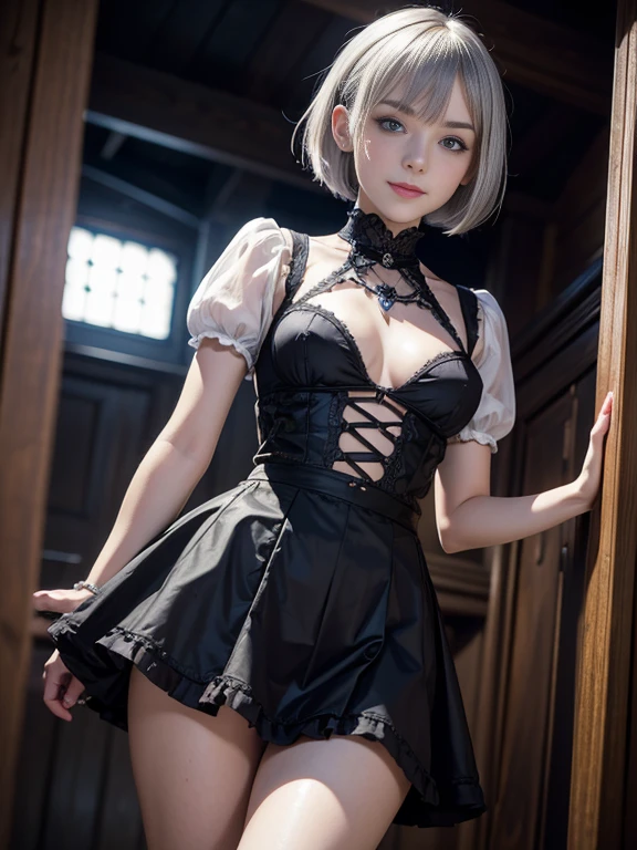 8K,Masterpiece,One woman,Smile,30 years old,blue eyes,Silver Ash Hair,Short Bob Hair,Dutch beauty,Ella Freya(Ella Freya),Gothic ta,White skin,Slender figure,Small breasts,Dynamic Angle,skirt lift